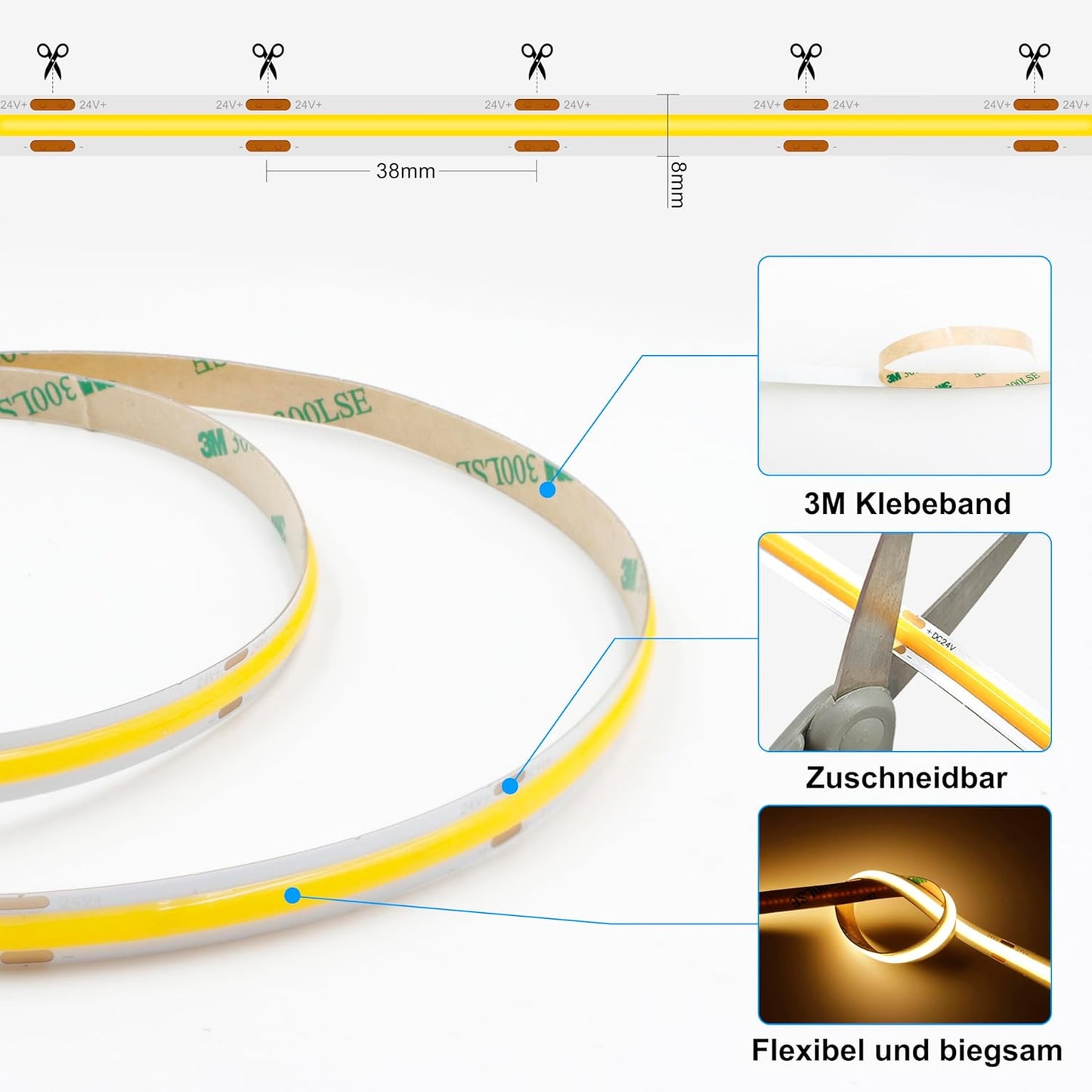 AXMOTUT COB LED Strip 10 m, Warm White 2700 K 24 V 320 LEDs/M CRI90 LED Strip Light, Dimmable LED Strip with Power Supply, for Home Party Decoration, DIY Decoration