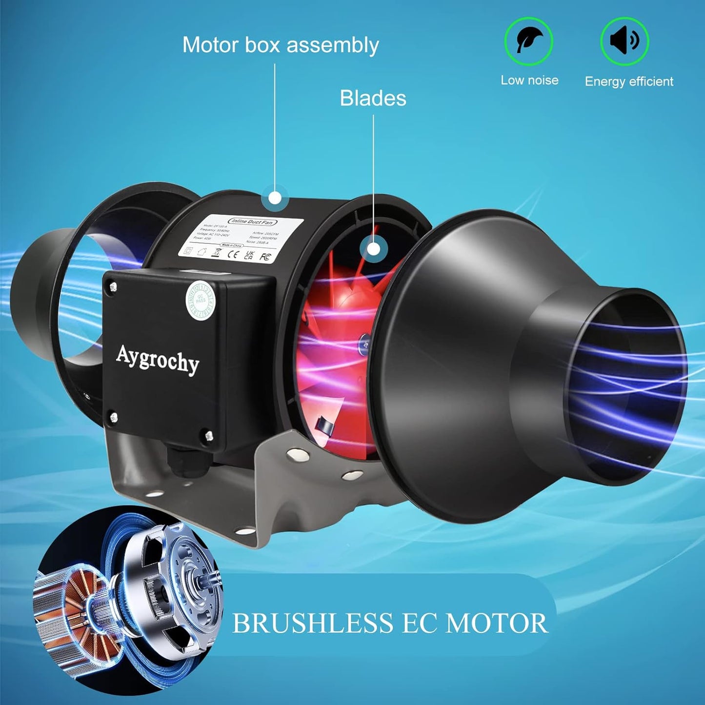 Aygrochy 150 mm wifi APP inline fan with Temperature and Humidity controller, Extractor Fan for Booster, Growth Tents, Ventilation and exhaust fan.