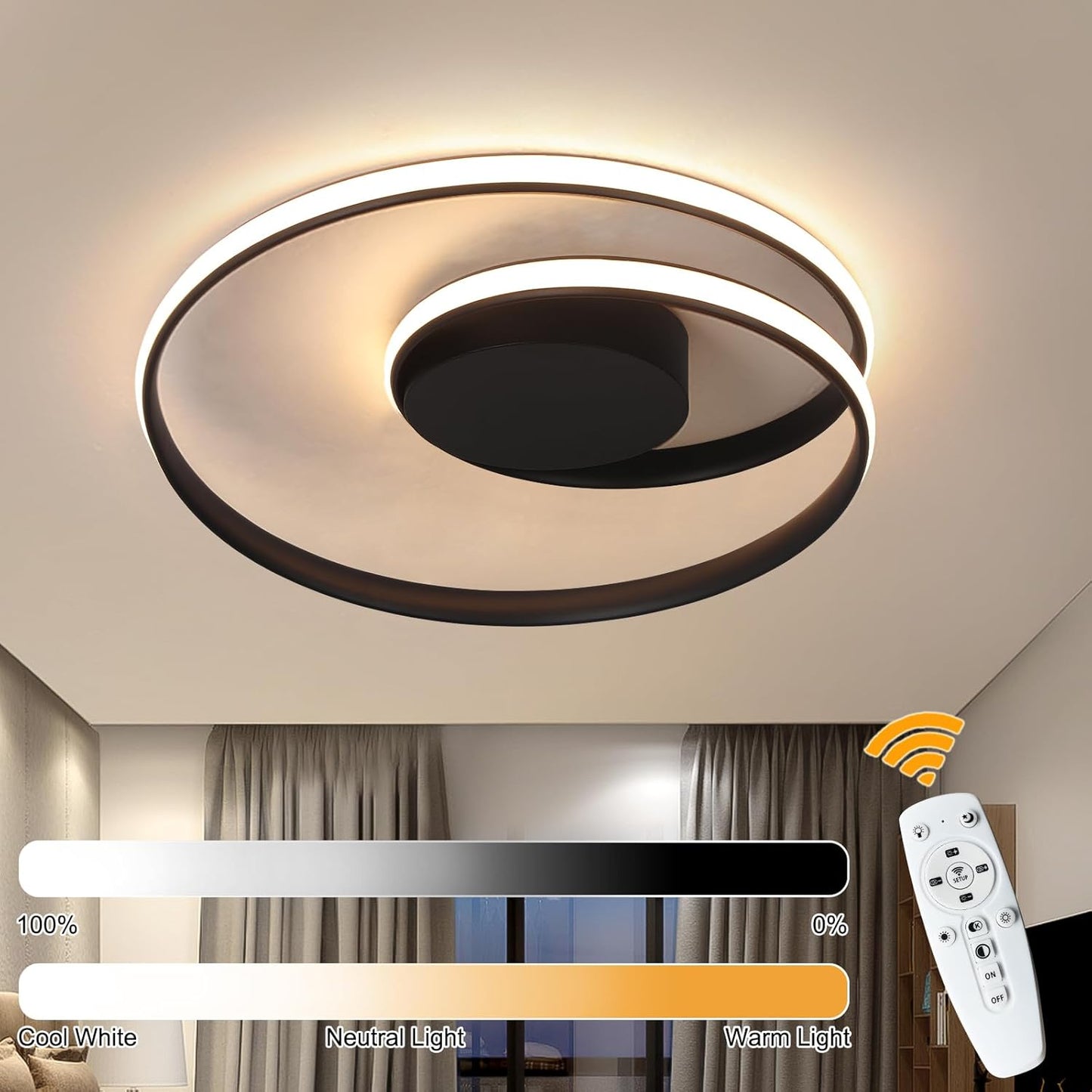 Kaniker Flush Mount Ceiling Light Fixture with Remote Control Led 18''Round Dimmable Bathroom Ceiling Light Hallway Light with 3 Colour Temperature Lamp 47W for Bedroom Corridor Kitchen (Black)