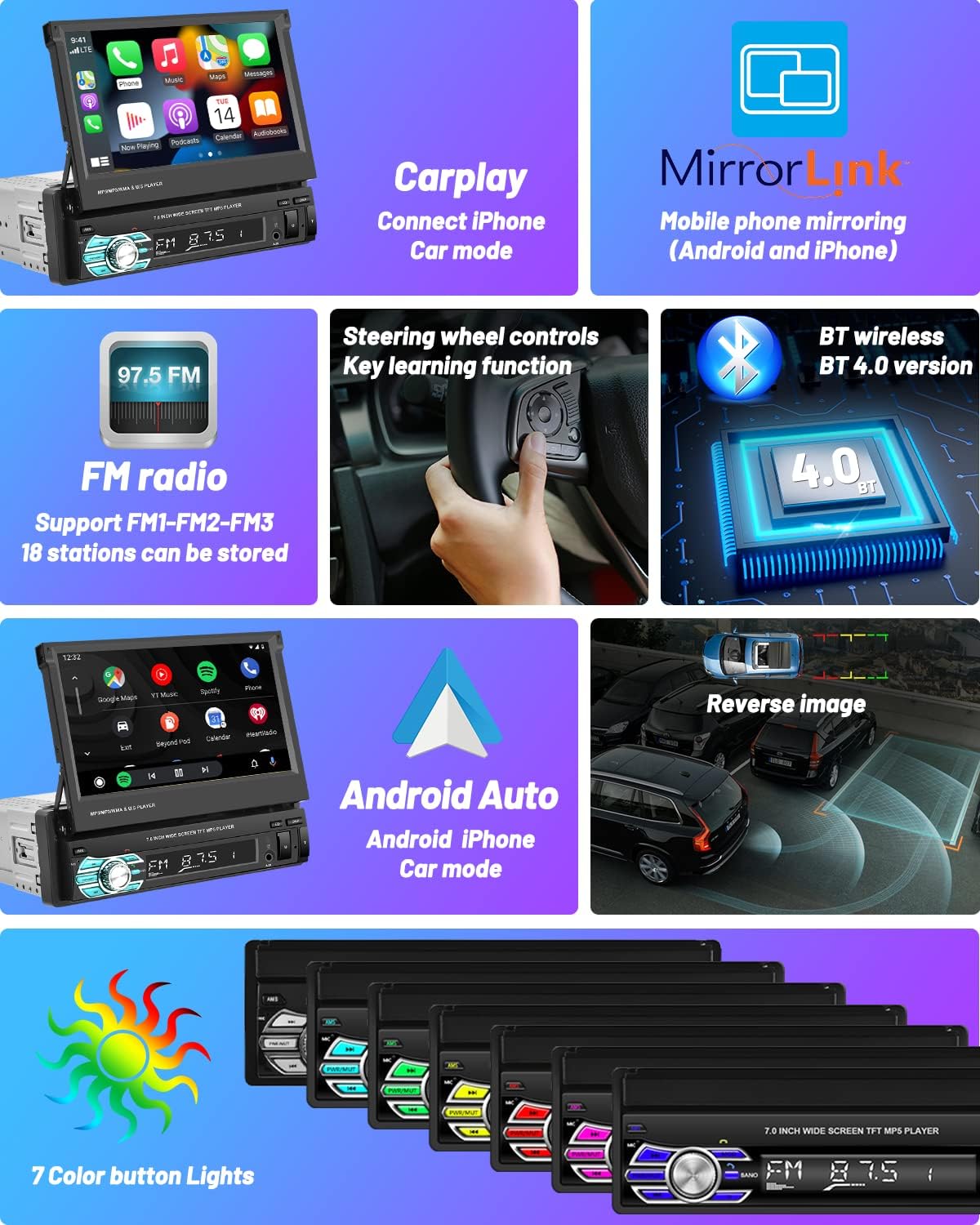 Hikity Apple Carplay Car Radio 1 DIN with Screen, 7 Inch Manual Touchscreen Car Radio Bluetooth with Android Car Mirror Link FM SWC USB AUX TF Car Radio Touch Display with Reversing Camera AHD