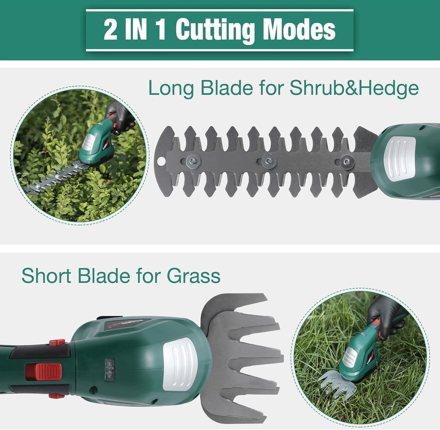 POSENPRO Akku Gras- und Strauchschere, 2 in 1 kabellose Grasschere 7,2V 1,5Ah Akku-Gartenschere, Mini Heckenschere für Garten und Höfe mit Ladegerät