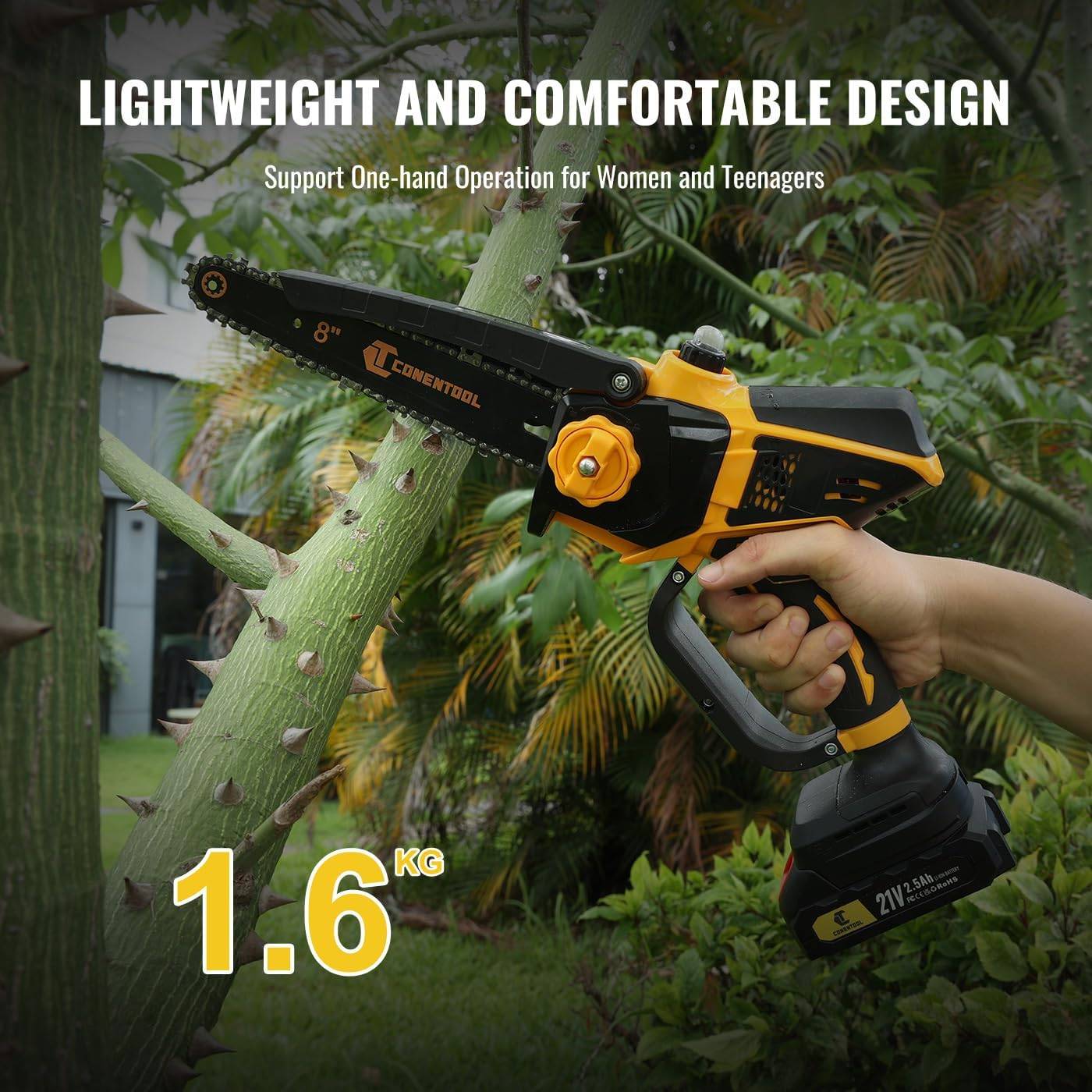 CONENTOOL Brushless Mini Chainsaw, 6 + 8 Inch Battery Chainsaw with Automatic Oiler, 2 Batteries 2.5 Ah and Charger, 900 W One-Handed Chainsaws for Garden Shears, Loppers Wood Cutting