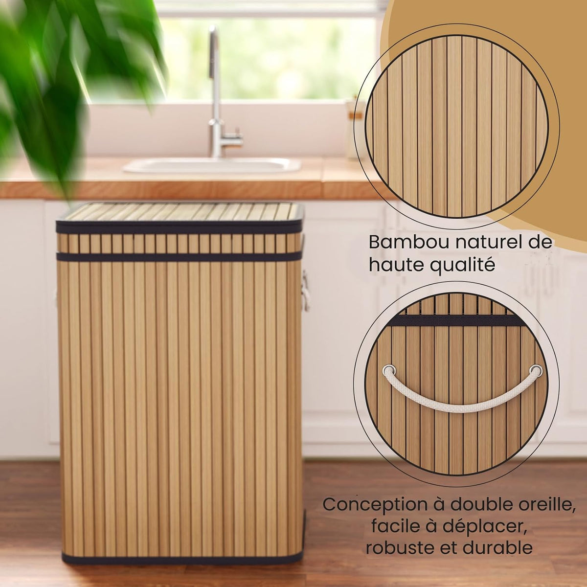 Cos de gunoi Mihoho din bambus cu capac, 80 L, kaki