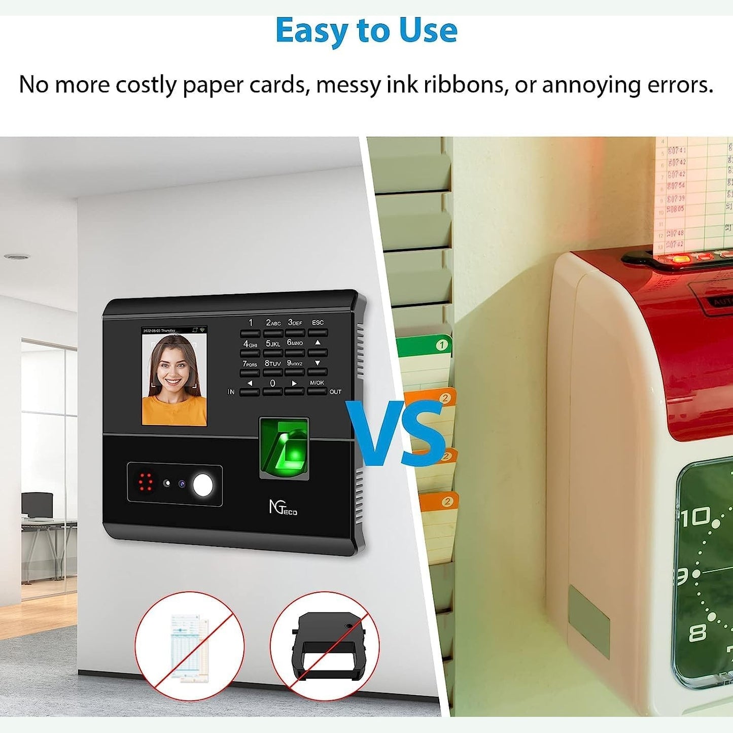 NGTeco Clock in Machine for Employees Time Attendance MachineWith Face, Fingerprint, RFID and PIN Punching in One, Office Time Card Machine Eff Manage Employee Attendance With APP for iOS Android