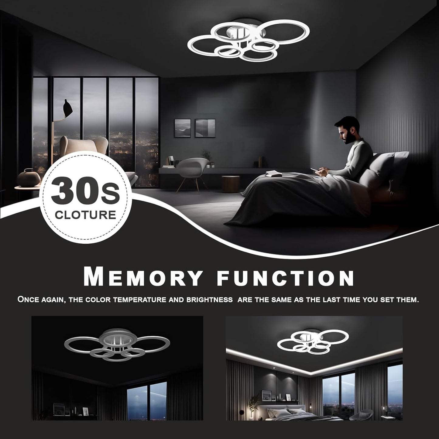 RUYI Ceiling Lights,Modern LED Arylic 6 Ring 72W 6400LM Flush Chandeliers Lamp with Remote Control,for Living Room,Bedroom,Bathroom,Dimmable 2800-7000K