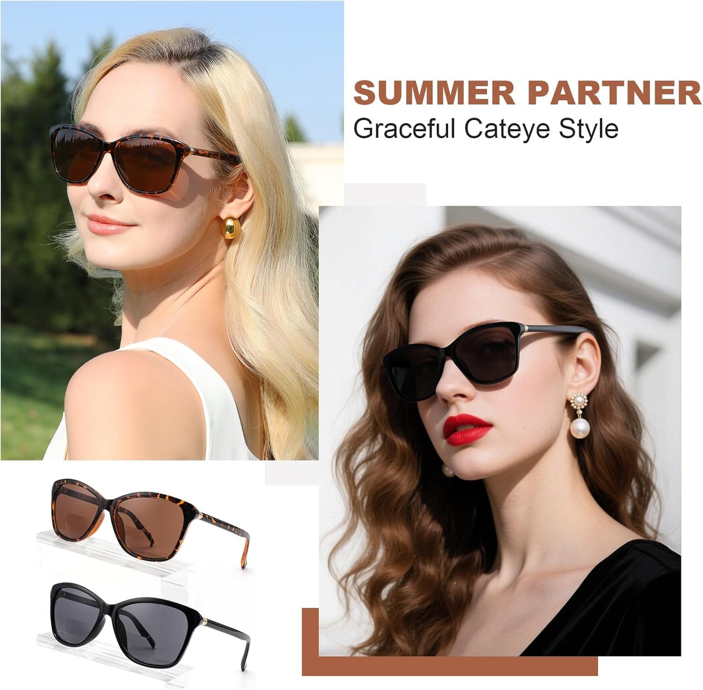 Missfive Pack of 2 Vintage Bifocal Sunglasses with Prescription Women's Classic Reading Sunglasses Women Black Turtle Retro Cat Eye Glasses, UV Protection Sunglasses for Driving, +2.5