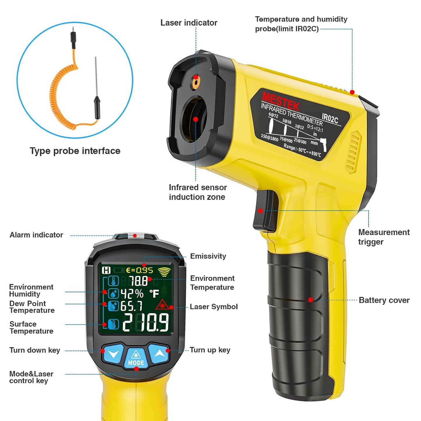 MESTEK Infrared Thermometer Temperature Gun with K Probe Non-Contact Laser Digital Thermometer -58℉~1472℉(-50℃~800℃) Color LCD Screen Adjustable Emissivity Humidity Cooking BBQ Oven Pizza Car Fridge