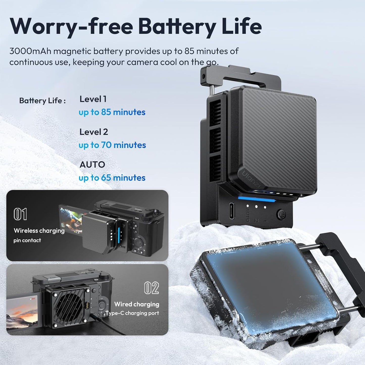 ULANZI CU01 Camera Cooler Kit for DSLR & Mirrorless, Semiconductor Cooling Fan with 3000mAh Magnetic Rechargeable Battery, 3 Speeds, Auto Temp Control Cooling for Video Recording(Battery+Cooler)
