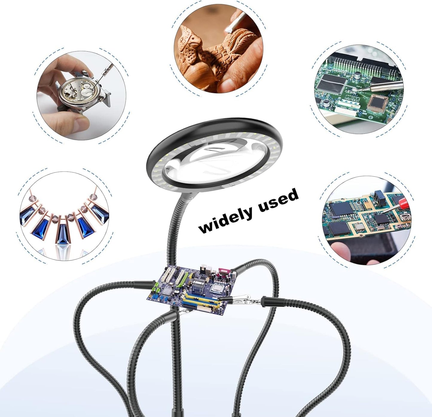 Magnifying Glass with Light, Third Hand Soldering, 3x Magnification Helping Hands Daylight Magnifying Lamp with Light with 28 Dimmable LEDs, Heavy Duty Base, 4 Flexible Helping Arms, Illuminated for