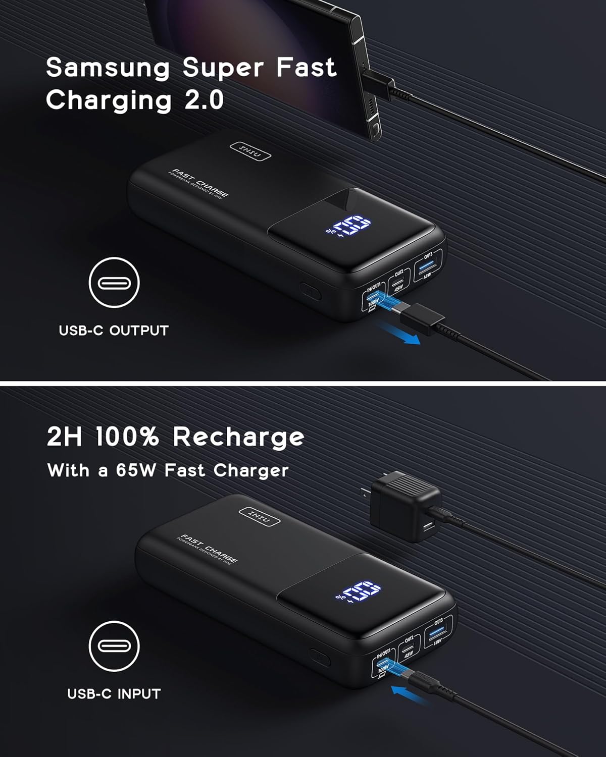INIU Power Bank, 65W PD 25000mAh Portable Charger, Ultimate USB C 3-Output Fast Charging (Phone & Laptop) with Phone Holder Battery Pack for MacBook, iPhone, AirPods, iPad, Switch, Tablets.
