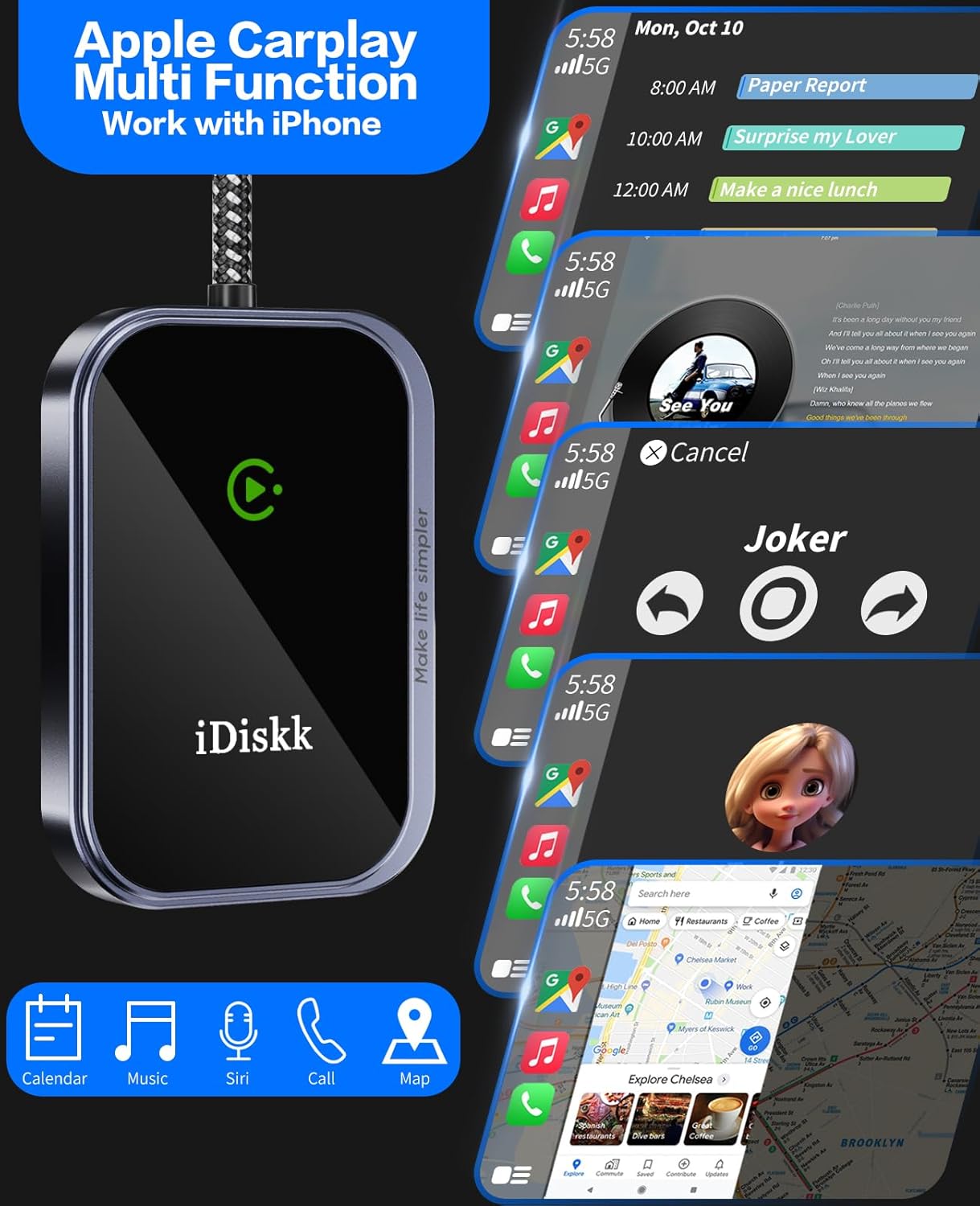 CarPlay Wireless Adapter for Apple iPhone 2024 Upgrade Converts Wired to Wireless Adapter for iPhone, Plug and Play CarPlay