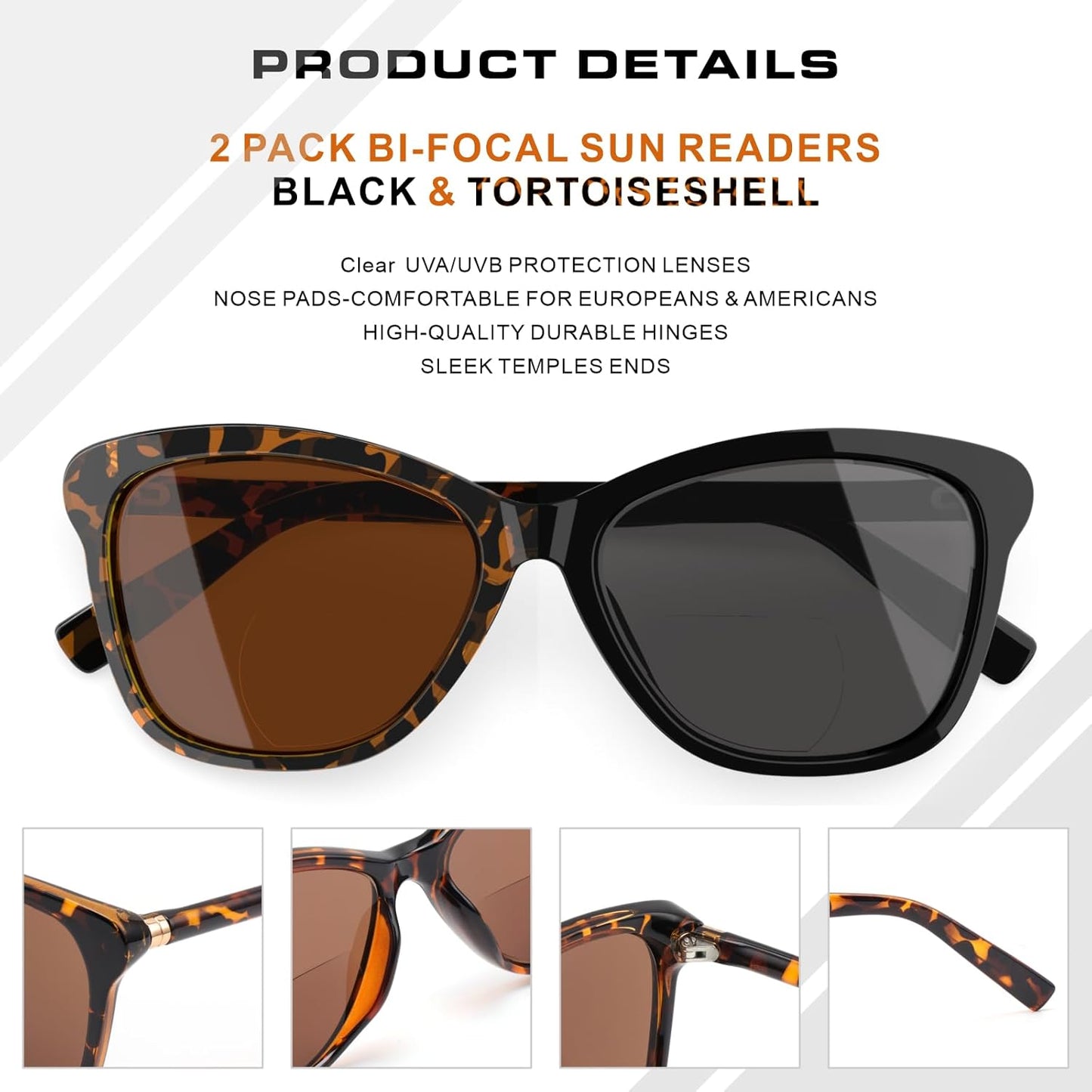 Missfive Pack of 2 Vintage Bifocal Sunglasses with Prescription Women's Classic Reading Sunglasses Women Black Turtle Retro Cat Eye Glasses, UV Protection Sunglasses for Driving, +2.5