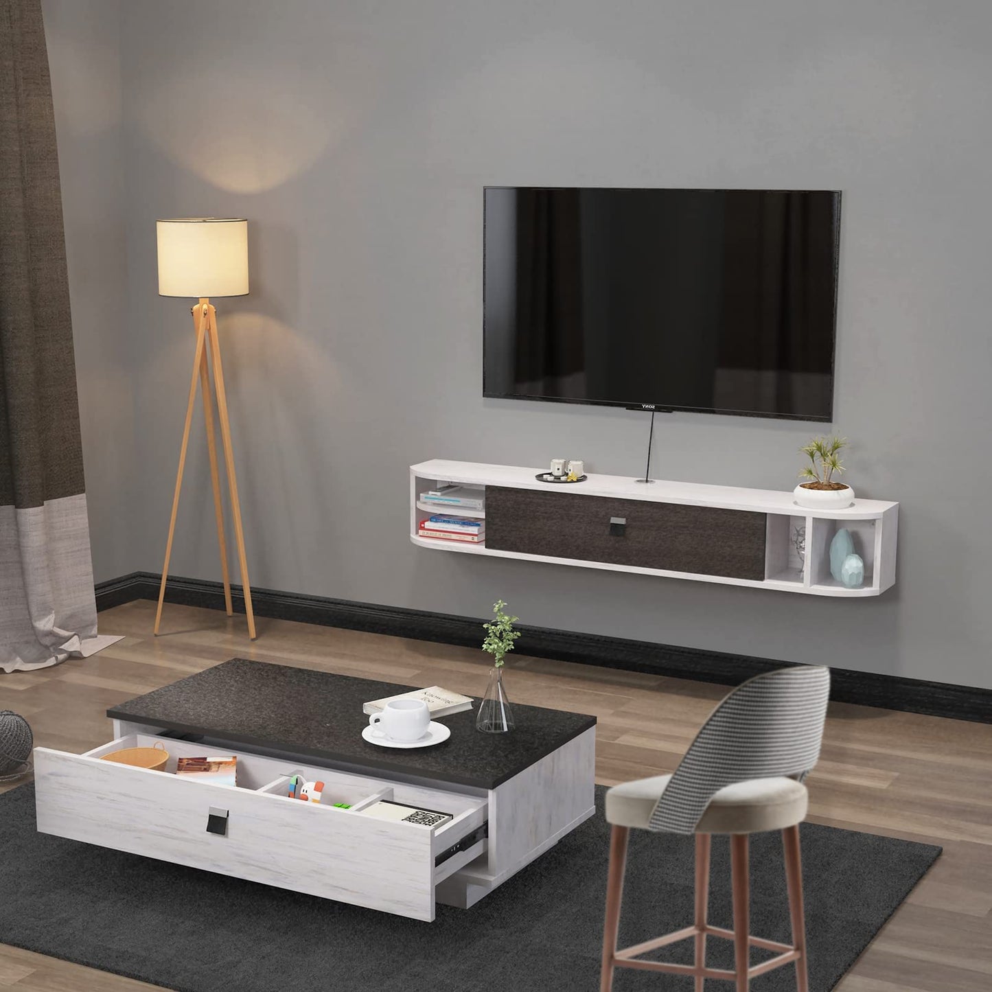 Comoda TV de perete din lemn Pmnianhua 140 cm Lemn Gri-Alb Modern