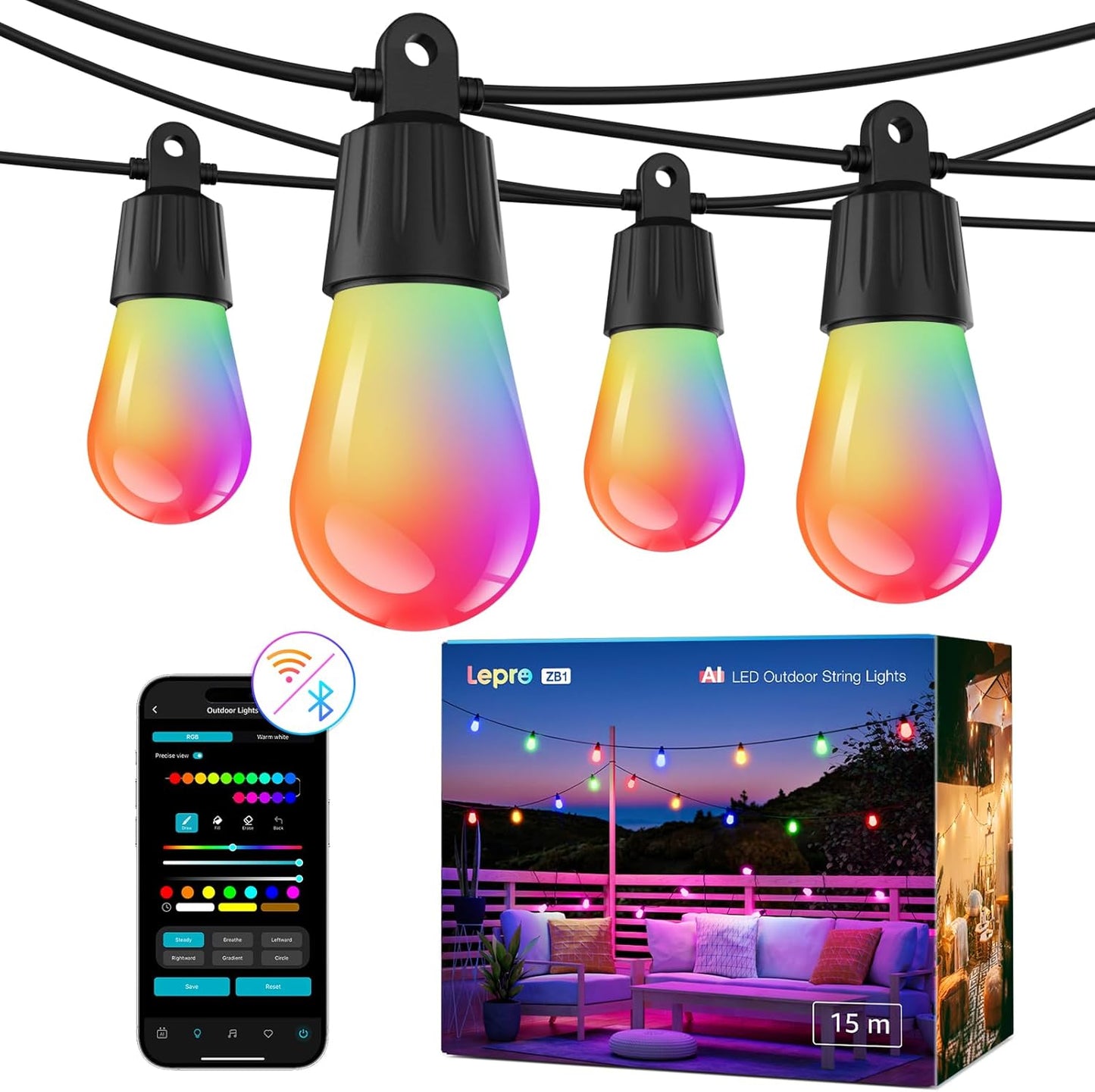 Lepro ZB1 AI LED Fairy Lights Outdoor 15 m, RGB + Warm White Smart LED S14 WiFi Bulbs, App Control, Works with Alexa & Google, IP65, Personalised AI Light Designer, without Remote Control, 15 LEDs