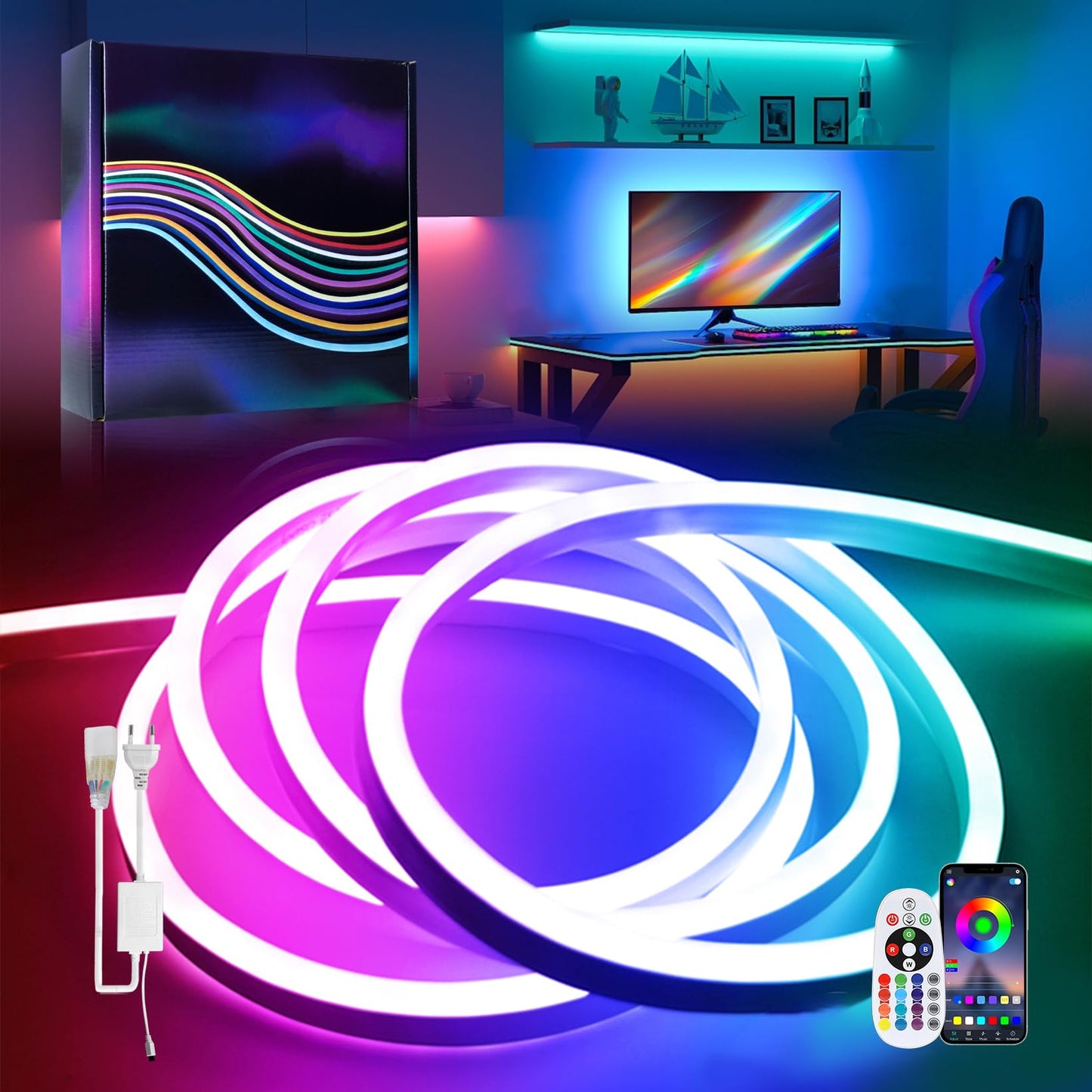 BAGZY Neon LED Strip, 15 m, Outdoors, Waterproof, 230 V, 120 LED/m, Flexible, DIY, for Indoors, Christmas Party, Outdoor Use, with Power Supply and Controller (Natural White)