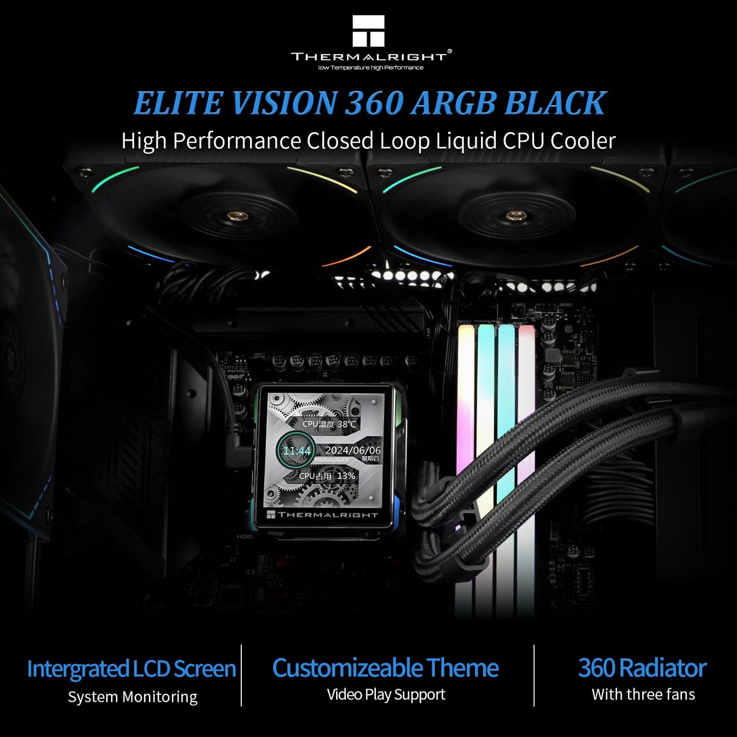 Thermalright Elite Vision 360 ARGB BLACK AIO CPU Liquid Cooler,IPS LCD Screen with 320 * 320 Resolution,for AM4/AM5/Intel LGA1700/1851,’2.73 inch’Magnet-Absorbent LCD Screen for Images,PC Cooling
