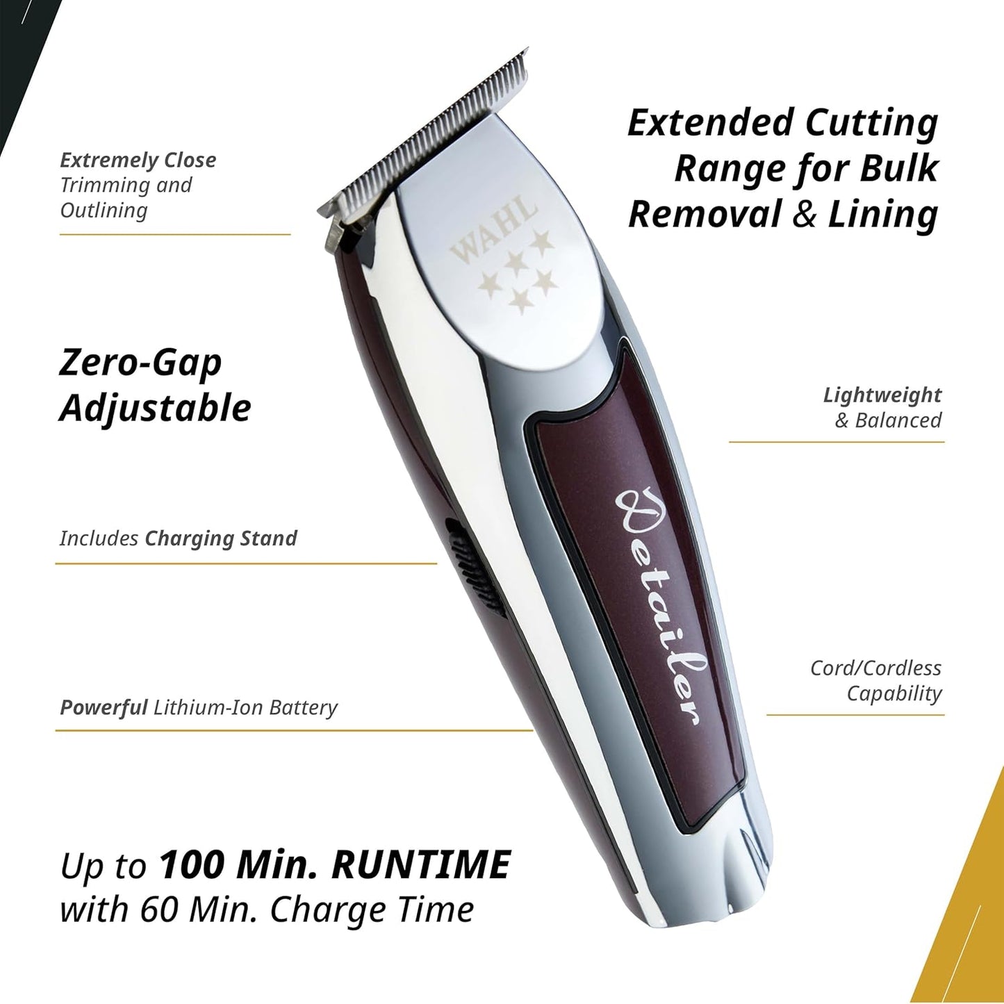 Wahl Professional Cordless Detailer Li Trimmer T Wide Blade, Lithium-Ion Battery 100 Min Runtime for Hair & Beard, with Charging Stand