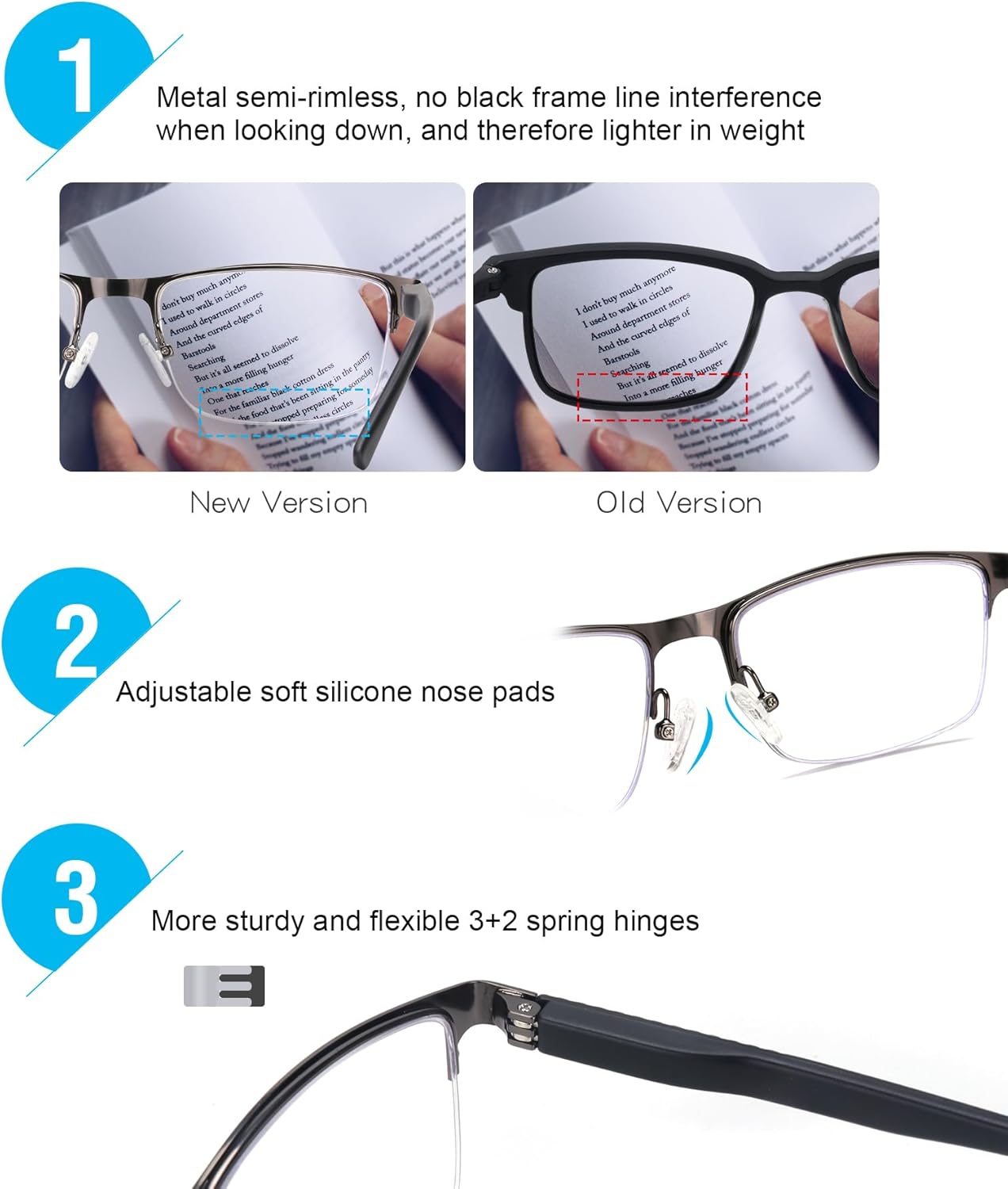 Missfive 2 Pack Mens Quality Progressive Multifocus Reading Glasses Blue Light Blocking, Man Spring Hinge No-Line Multifocal Readers Half Frame Metal Eyeglasses (Workspace For Near Range, 2.5x)