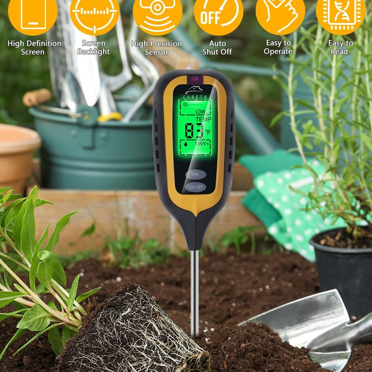 CUBETA Moisture Meter Plants Moisture Meter 4 in 1 Humidity/Temperature/pH/Light for Gardening, Lawn, Indoor Plants (Yellow)