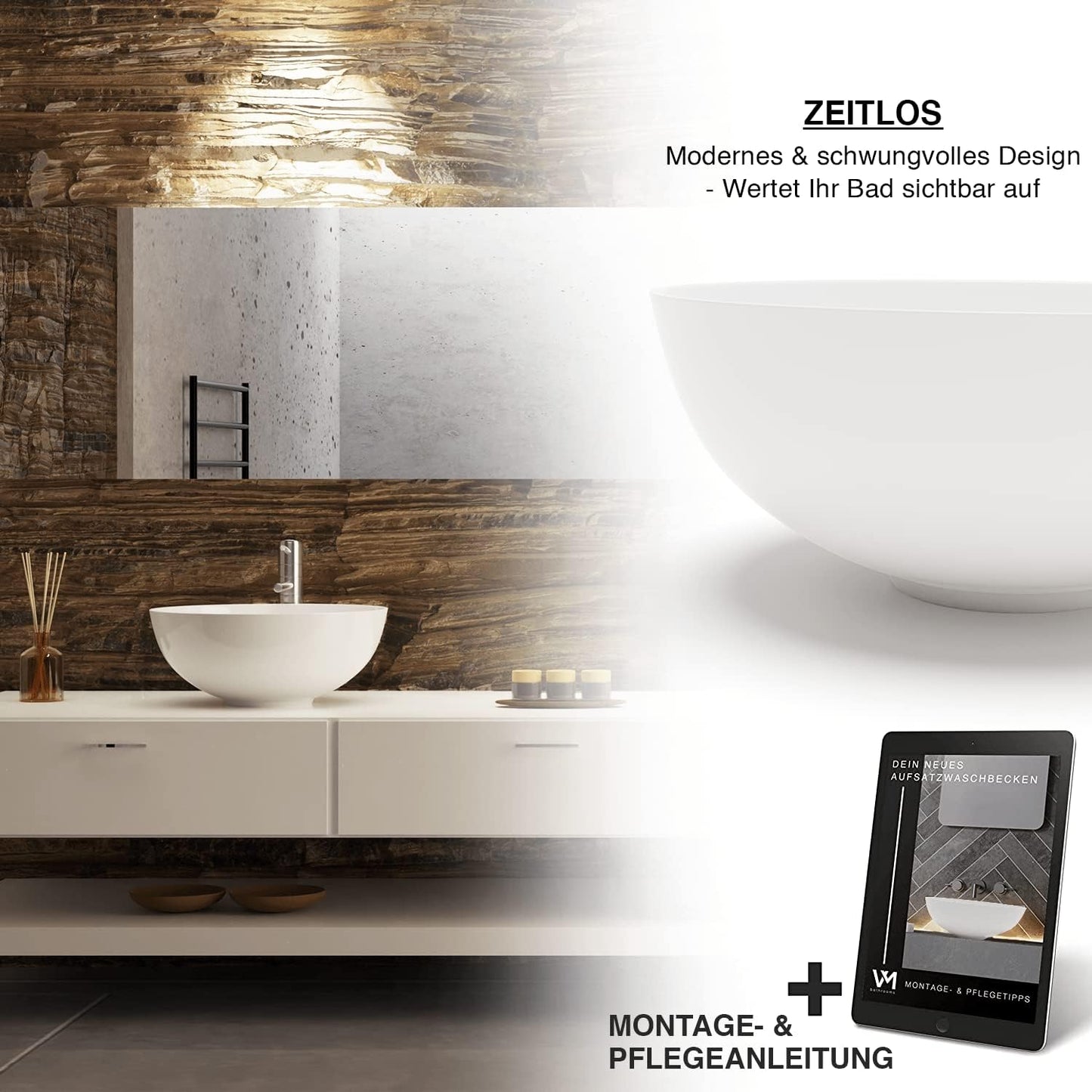 VMbathrooms Premium Round Washbasin with Lotus Effect, Above-Counter Basin for the Bathroom and Guest Toilet, Wash Basin without Tap Hole and without Overflow, Pure White Above-Counter Basin