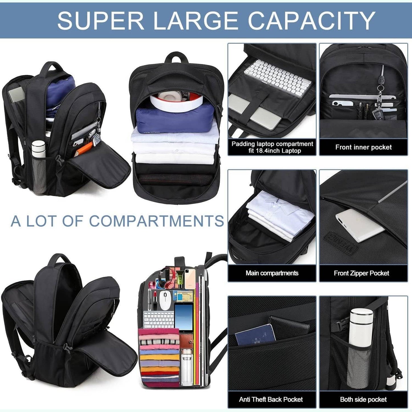 18.4 Laptop Backpack,Extra Large Travel Backpack for Men 55L,Water Resistant Laptop Backpack Work bag with USB Charging Port Business TSA Approved Computer Rucksack for Men Women College School,Black