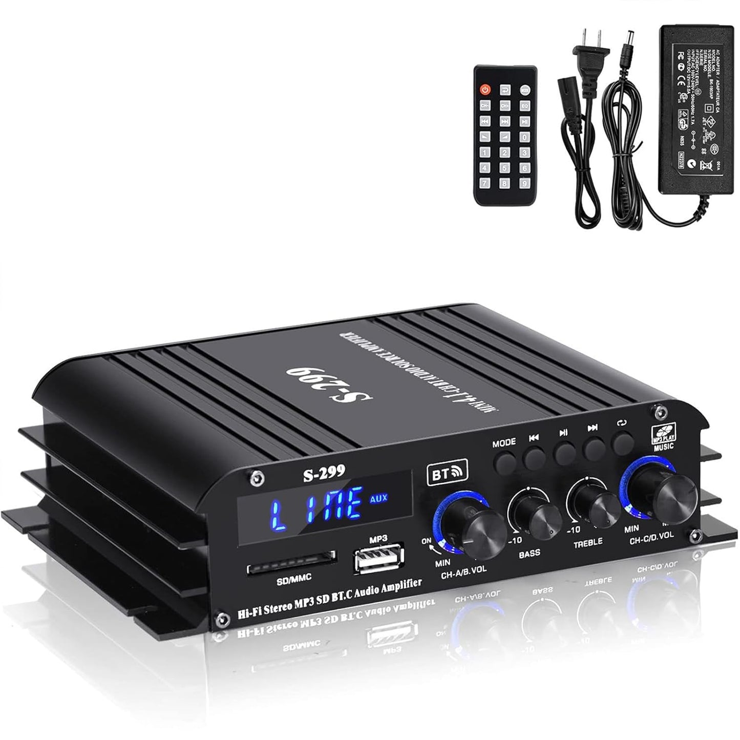 4.1 Channel Bluetooth Power Amplifier with Active Subwoofer Output, 40Wx4 Subwoofer Amplifier, Integrated HiFi Mini Amplifier Speaker, S-299 5.0 Bluetooth Amplifier with Remote Control