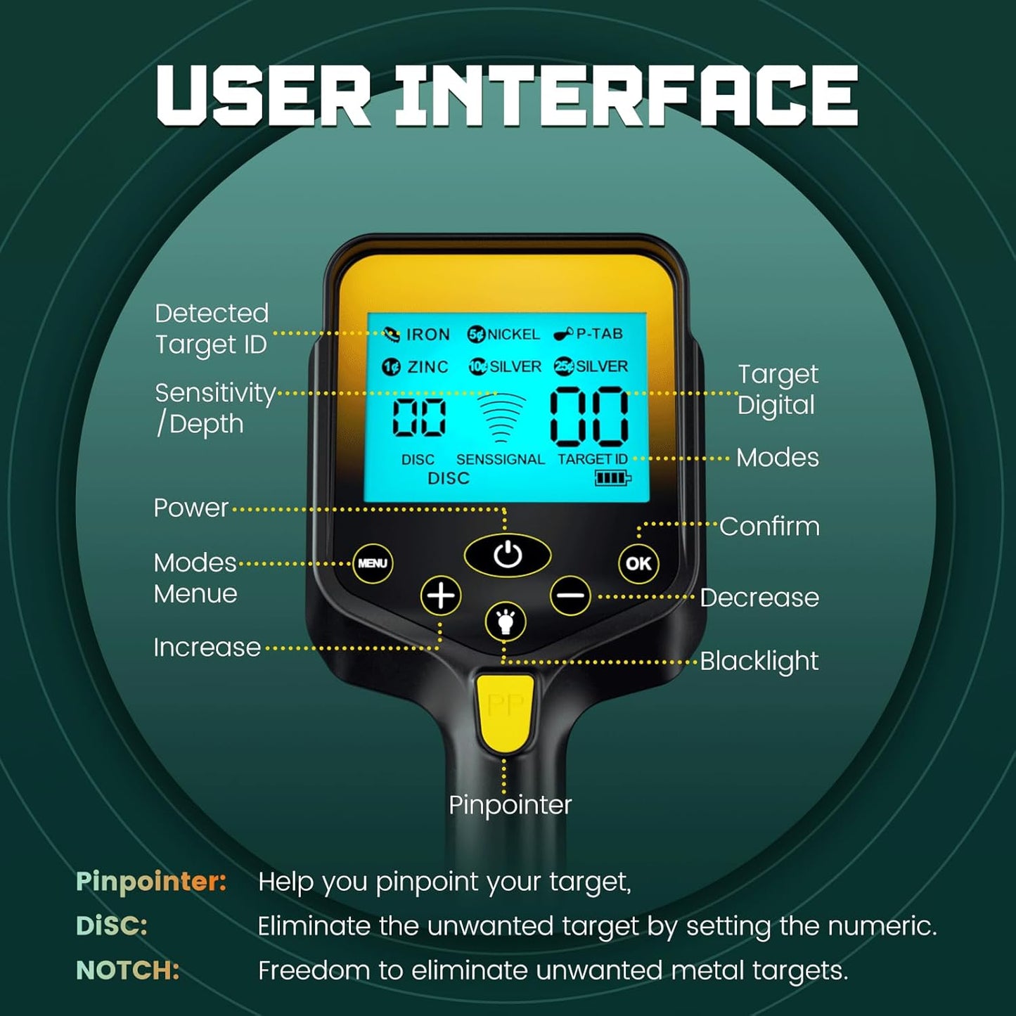 Metal Detector for Adults Waterproof - 2000mAh Chargeable Professional Cordless Gold Detector with LCD Display, Retractable Foldable Higher Accuracy Metal Detector with 10" IP68 Coil - OKESAM