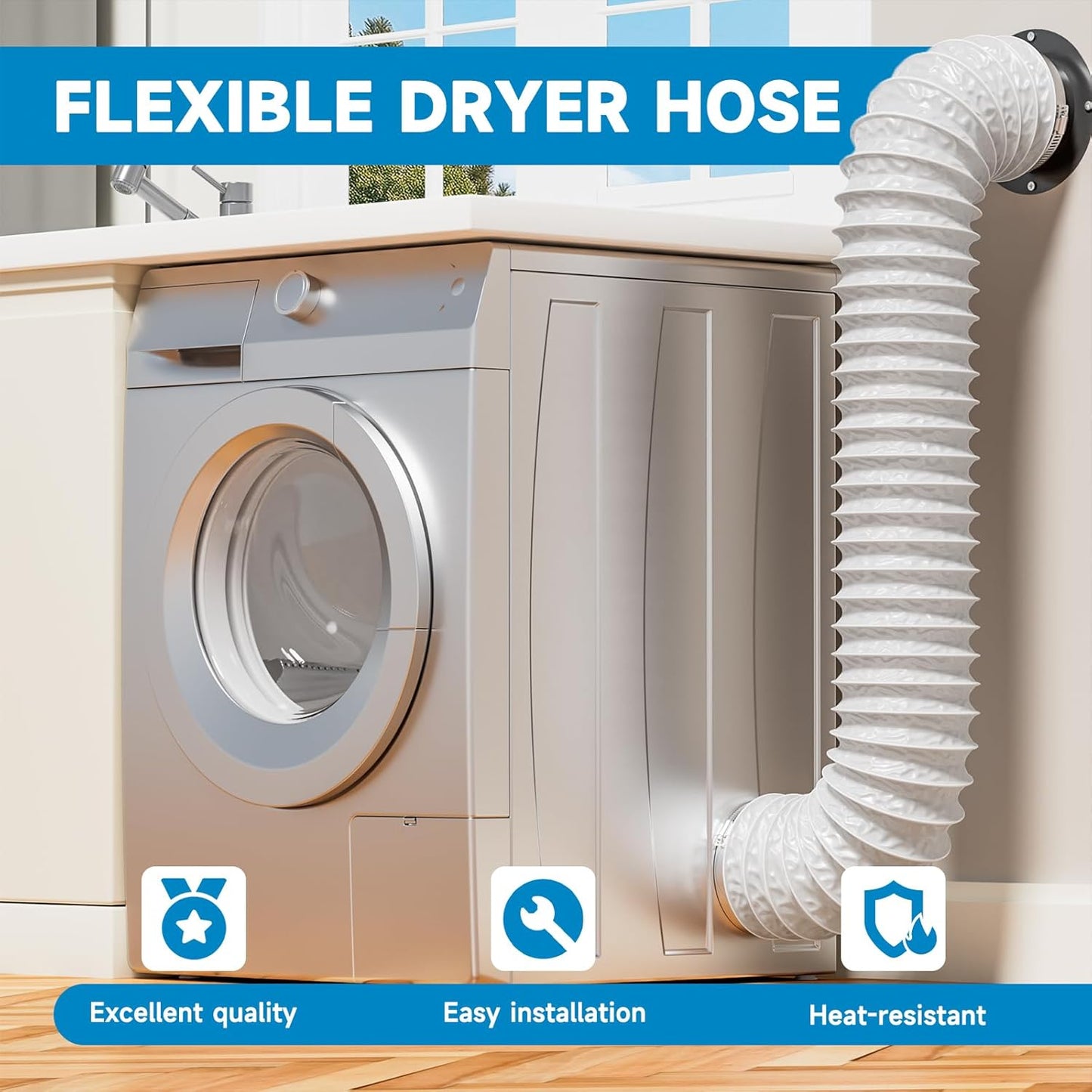 Hon&Guan Diameter 100 mm Exhaust Hose, 5 m PVC Aluminium Pipe, Flex Hose, Exhaust Pipe with 2 Hose Clamps, Stainless Steel, Mobile Air Conditioning, Dryer, Exhaust Fan, Extractor Hood, Ventilation