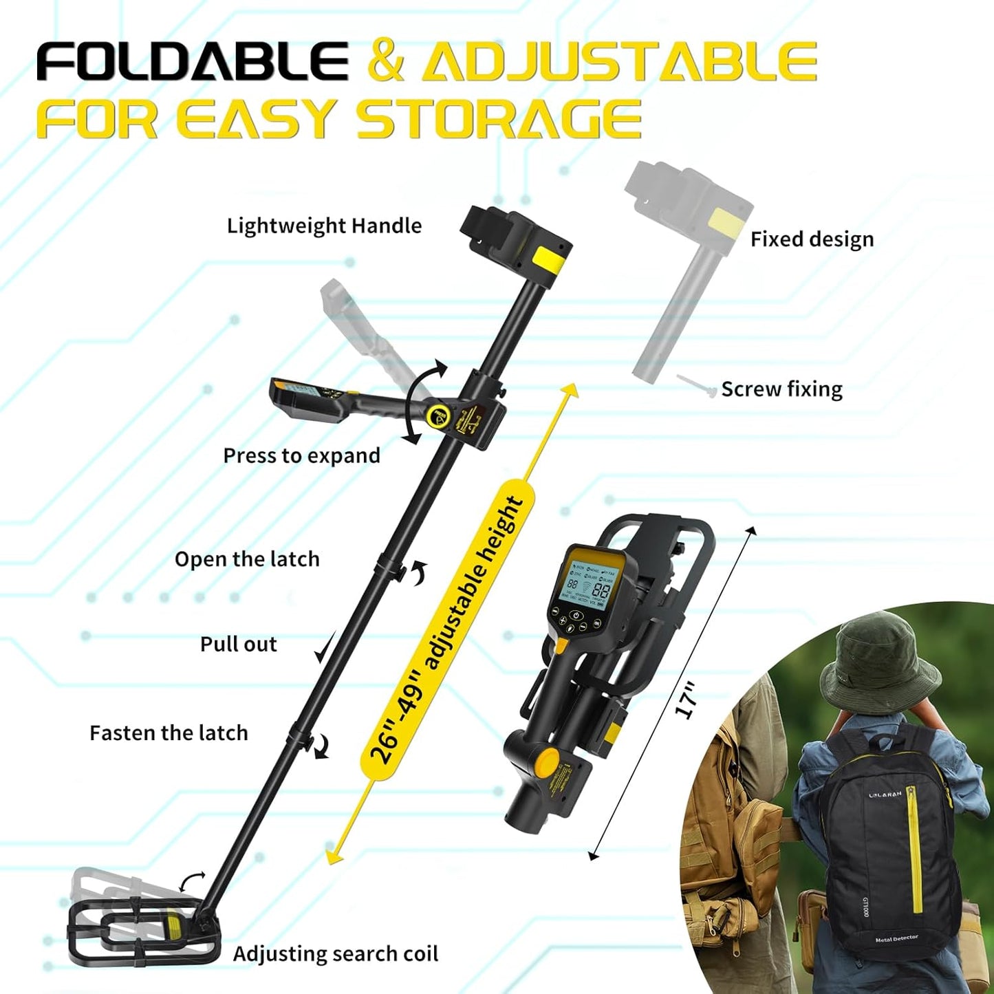 Metal Detector for Adults Professional, Up to 20 Hours of Extended Runtime, Adjustable Retractable Foldable Metal Detector Waterproof High Accuracy Gold Detector, Backlit LCD Display