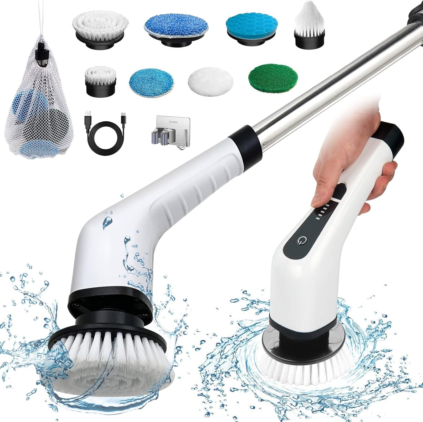 Elektrische Reinigungsbürste, Electric Spin Scrubber Schnurlos Mit 8 Austauschbaren Bohrbürstenköpfen, Duschreinigungsbürste mit Verstellbarem Griff für Bad, Fliesenboden und Auto