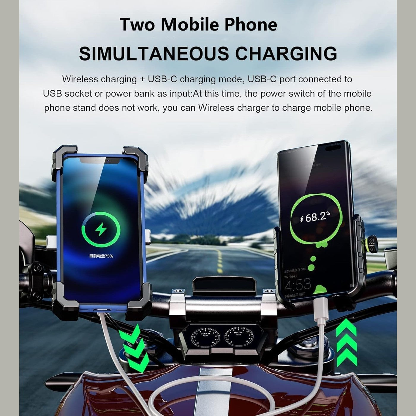 Kewig Mobile Phone Holder Bicycle, 15 W Wireless and USB-C 20 W, 360° Rotatable Motorcycle Bicycle Mobile Phone Holder, Waterproof, Suitable for 4-7 Inch Smartphones