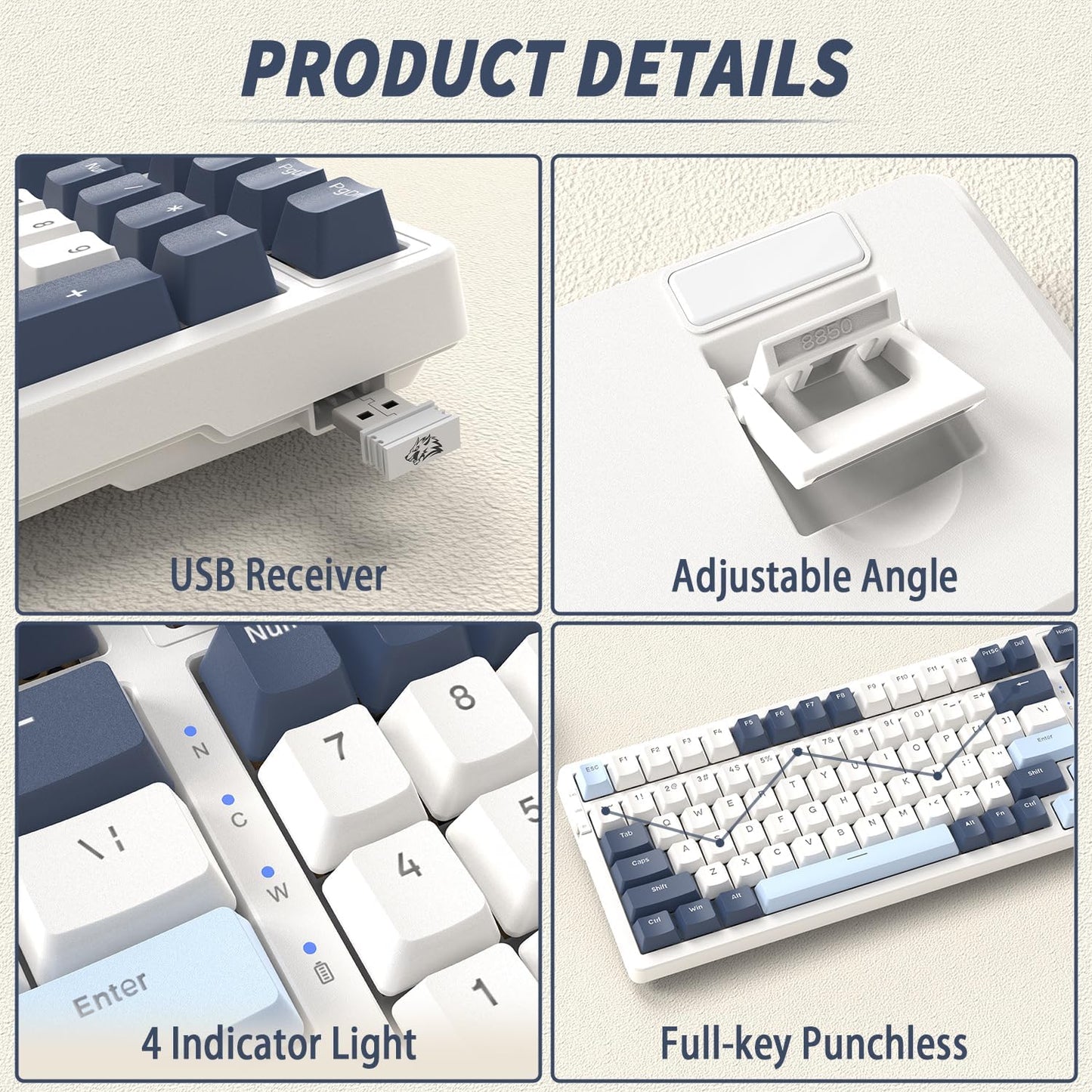 FREEWOLF K8 Wireless Hot Swap Mechanical Gaming Keyboard, Wired RGB Rainbow Backlit Keyboard Red Switch, Bluetooth 5.0/2.4Ghz/USB- C Tri Mode with 4000mAH Battery, US Layout for Mac/Win - Blue/White