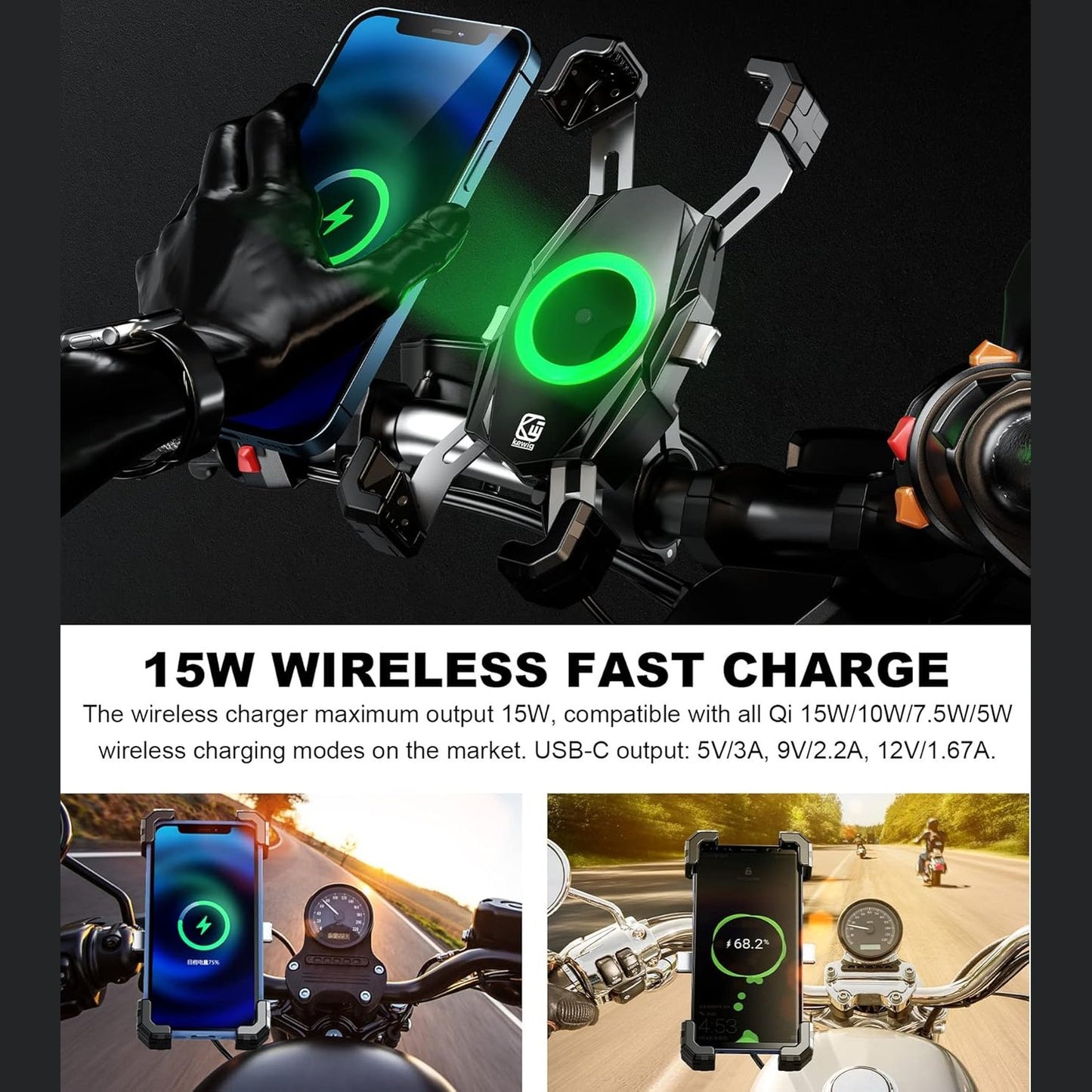 Kewig Mobile Phone Holder Bicycle, 15 W Wireless and USB-C 20 W, 360° Rotatable Motorcycle Bicycle Mobile Phone Holder, Waterproof, Suitable for 4-7 Inch Smartphones