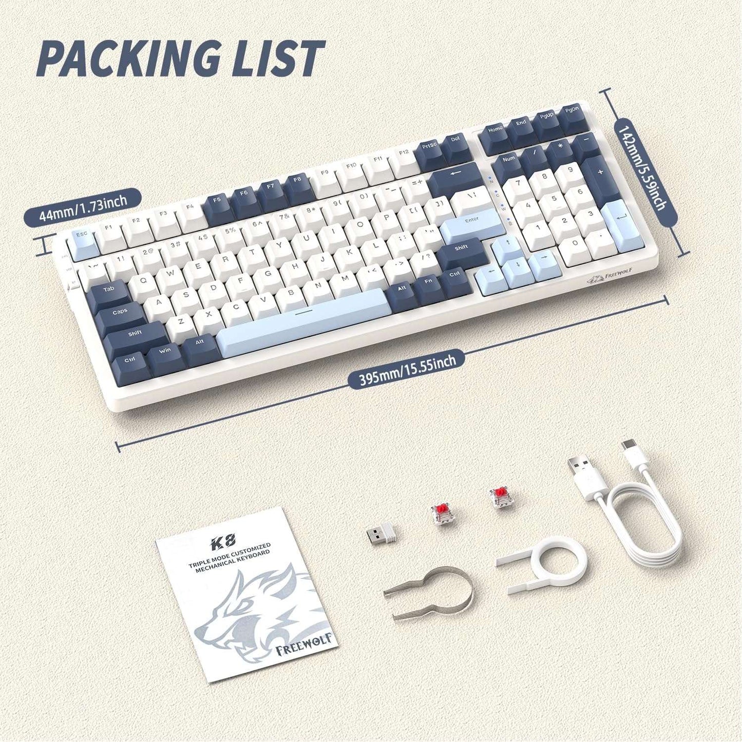 FREEWOLF K8 Wireless Hot Swap Mechanical Gaming Keyboard, Wired RGB Rainbow Backlit Keyboard Red Switch, Bluetooth 5.0/2.4Ghz/USB- C Tri Mode with 4000mAH Battery, US Layout for Mac/Win - Blue/White