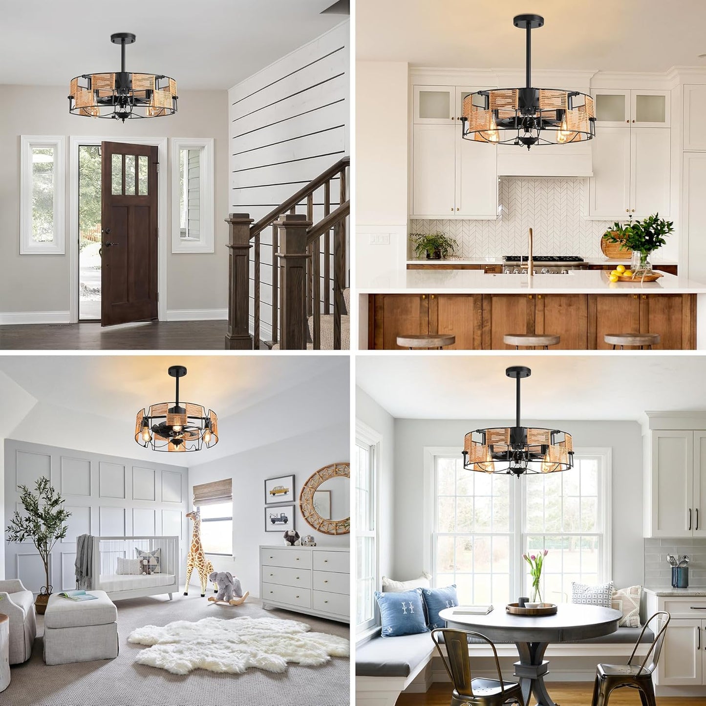 Ganeed Ceiling Fans with Lights Industrial Style Farmhouse 49cm Chandeliers Boho Rattan Caged Lamp Hanging Pendant E27 with Remote Control Black 4 Lights