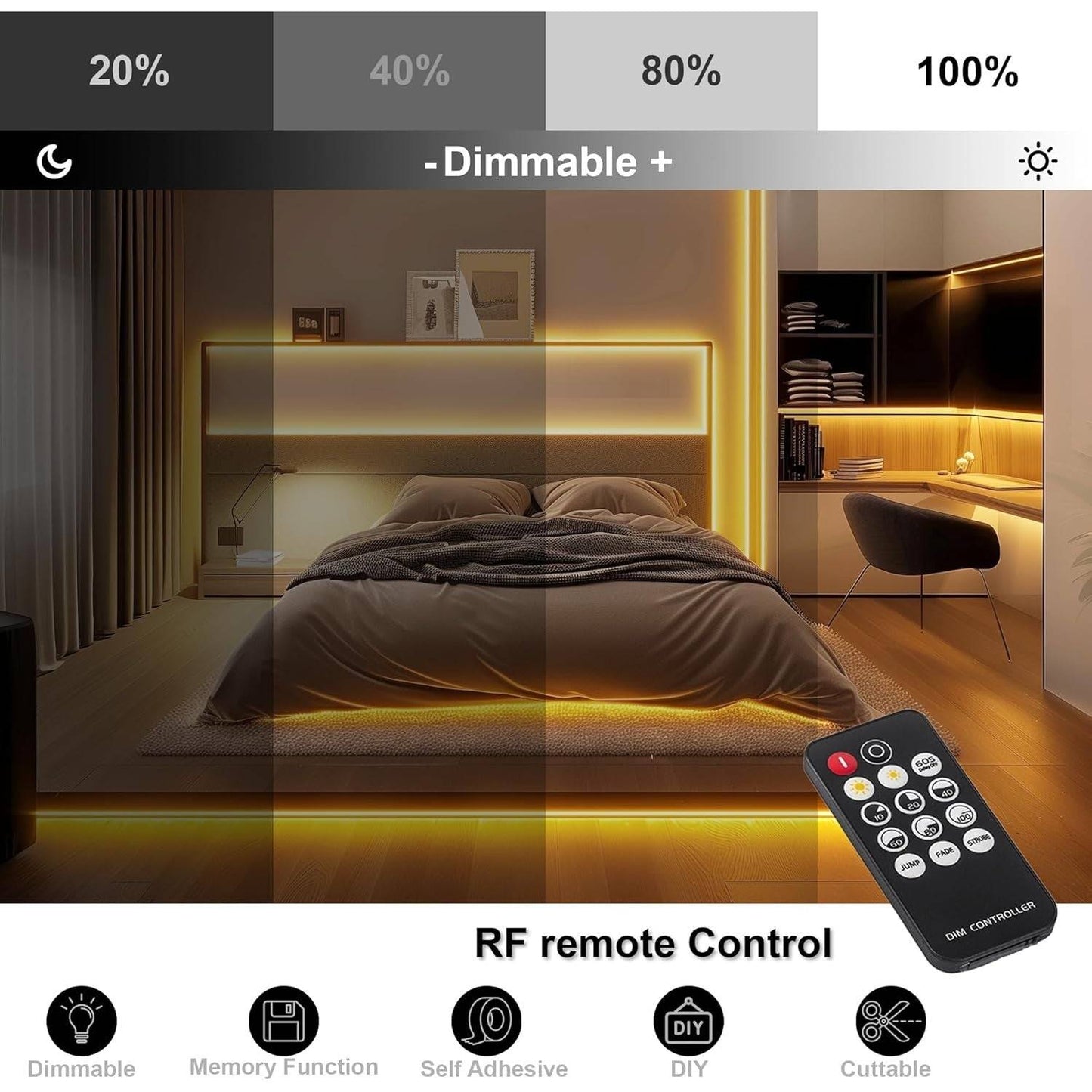 COB LED Strip 10M, 3000K Warm White LED Strips, 24V Dimmable LED Strip Lights, CRI92+,8mm Width, with Remote Control and Power Supply,for Living Room, Kitchen, Mirror