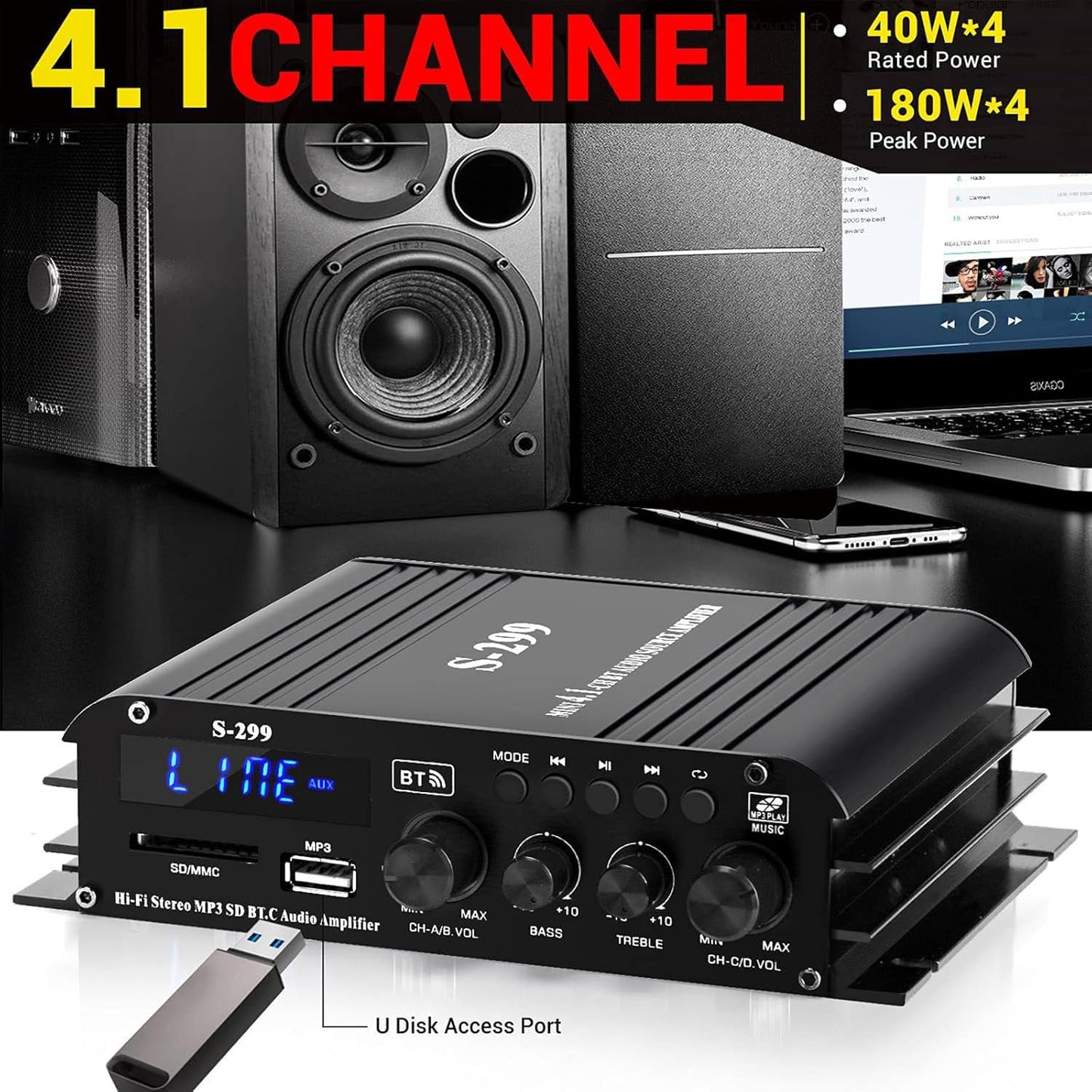 4.1 Channel Bluetooth Power Amplifier with Active Subwoofer Output, 40Wx4 Subwoofer Amplifier, Integrated HiFi Mini Amplifier Speaker, S-299 5.0 Bluetooth Amplifier with Remote Control