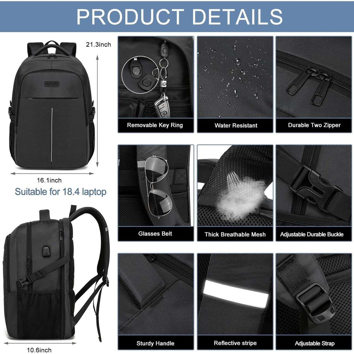 18.4 Laptop Backpack,Extra Large Travel Backpack for Men 55L,Water Resistant Laptop Backpack Work bag with USB Charging Port Business TSA Approved Computer Rucksack for Men Women College School,Black