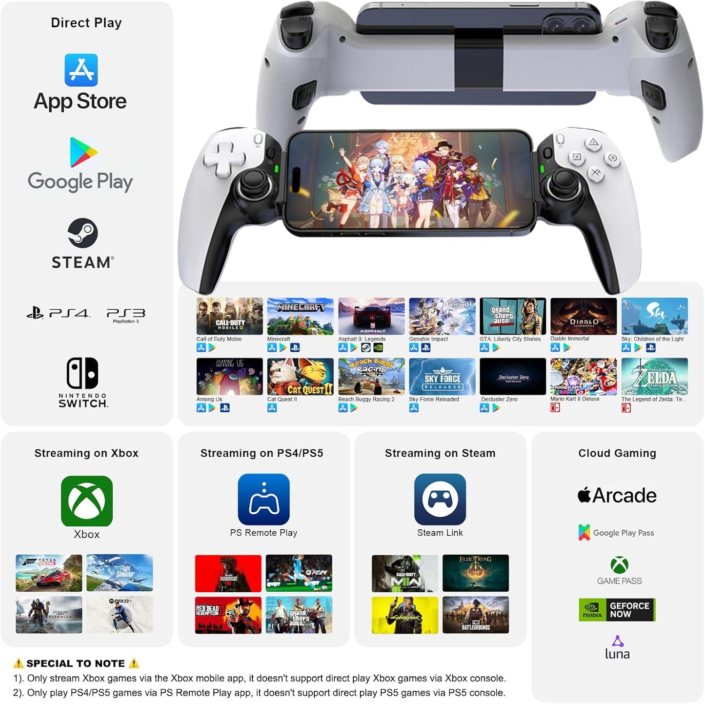 Megadream Mobile Gaming Controller for iPhone/iPad,Wireless Phone Remote Gamepad Bluetooth Joystick for iOS/Android/PC/Switch/Tablet/Cloud (White)