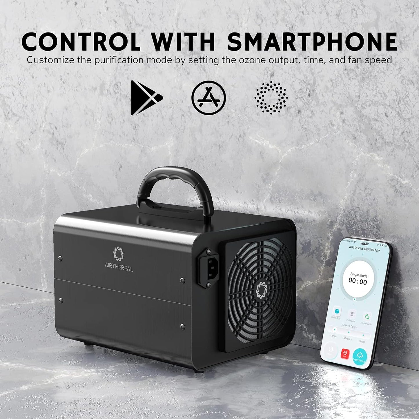 Airthereal MA10K-PRO SMART WiFi Ozone Generator - High Ozone Output Capacity Ozonator- Odor Remover, Deodorizer, Sterilizer - Adjustable Output and Timer Settings for Any Size Room - Black