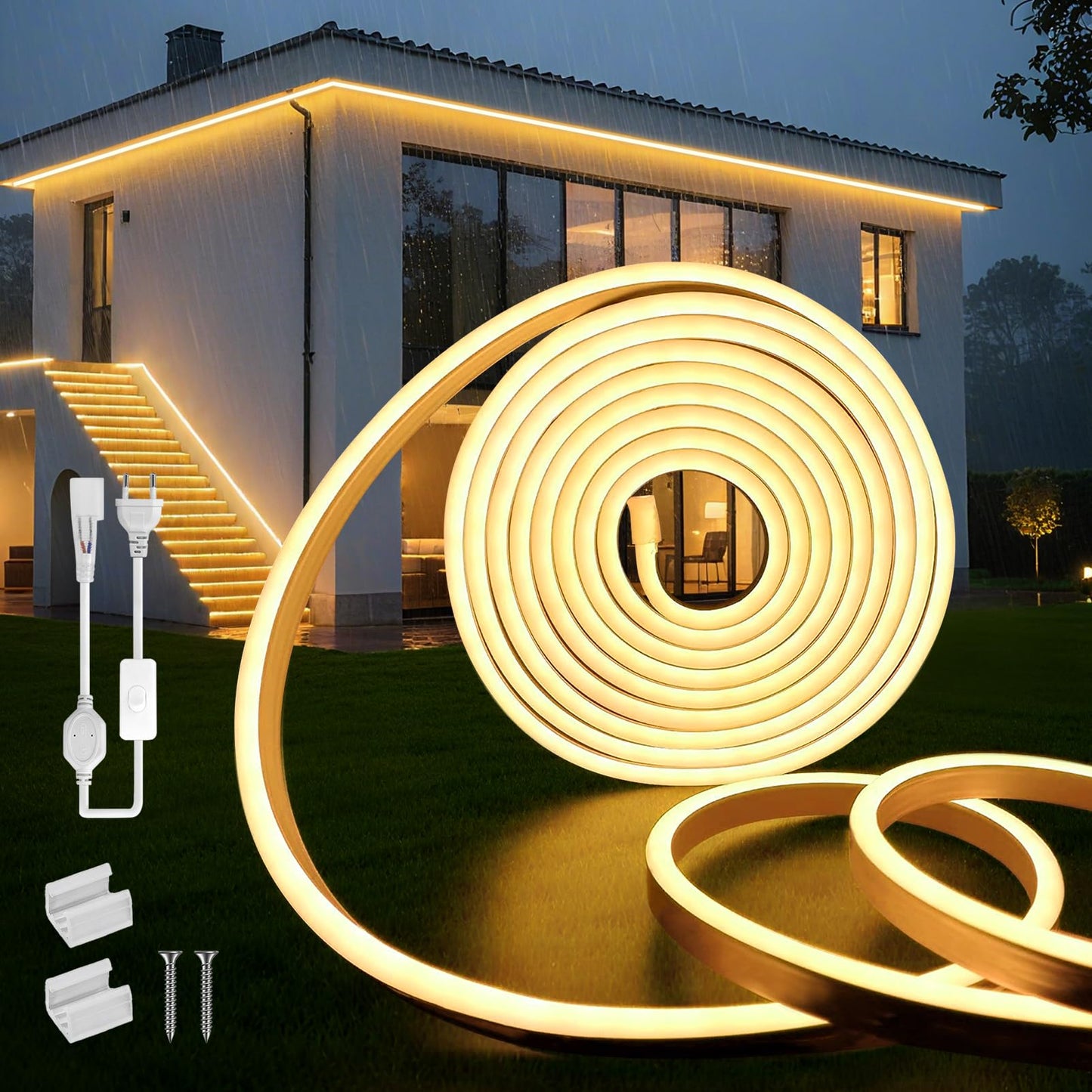 SUCIKORIO Neon LED Strip 5 m, 230 V Waterproof Fireproof IP65 Neon LED Strip White 6000 K LEDs Fairy Lights Outdoor 120 LED/M Flexible DIY Light Strip with Power Supply for Indoor Outdoor Decoration