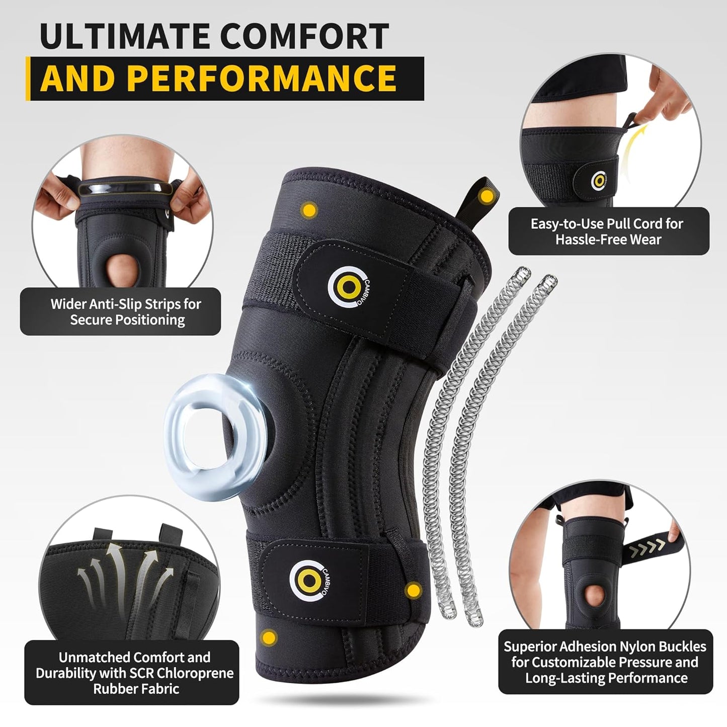 CAMBIVO Knee Brace for Women Men, Adjustable Knee Support and Compression Sleeve for Pain Relief, Meniscus Tear, Hinged Knee Brace with Side Stabilizers, Ideal for Weightlifting and Running(1 Pack)