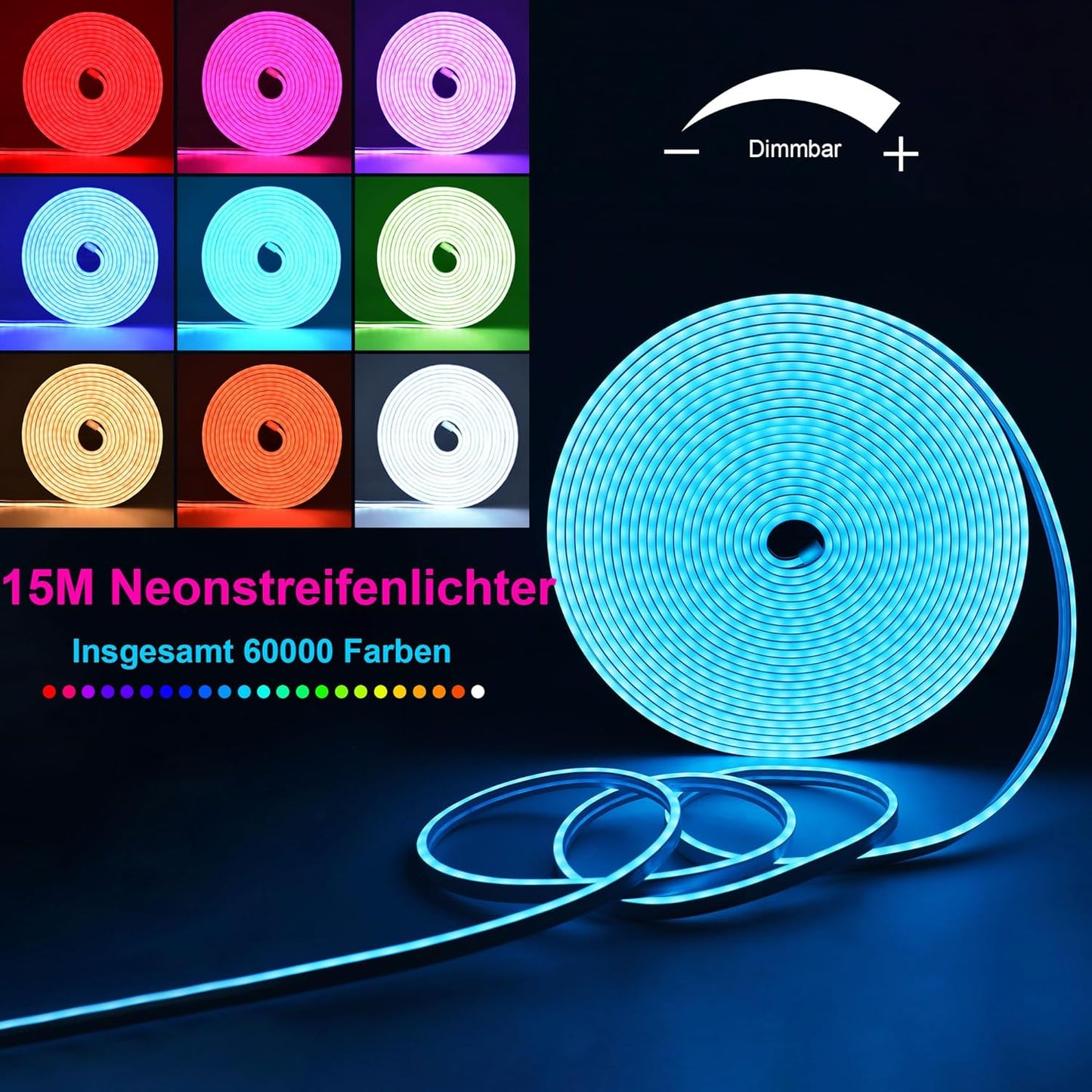 15 m RGB Neon LED Strip, Flexible Multicoloured Neon LED Strip, Control with App/Remote Control, IP67 LED Neon Rope Light for Gaming Bedroom Indoor and Outdoor Decoration