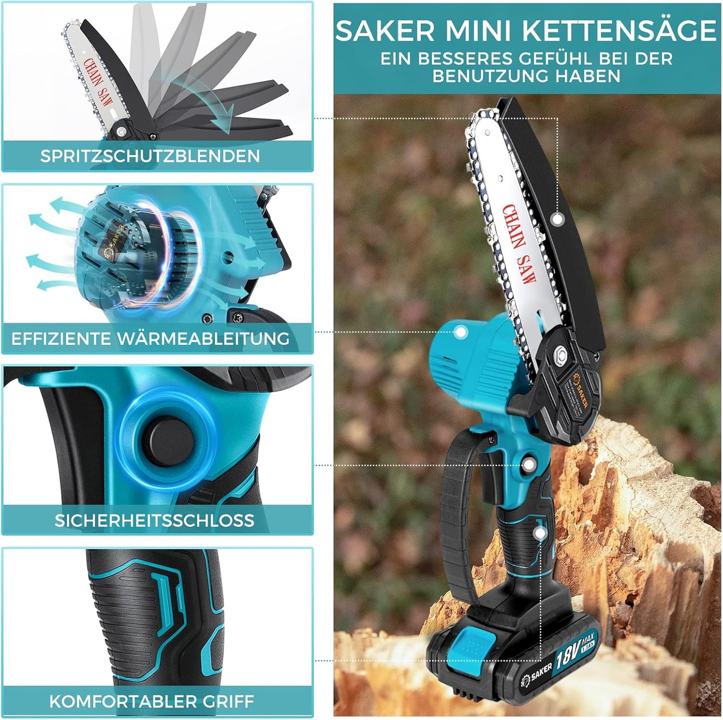Saker Mini Kettensäge mit Akku 6 inch, kabellose elektrisch mit 2 Ketten und 2 Batterie, 15 cm mit Sicherheitstaste Einhand, Handkettensäge zum Schneiden von Äste und Garten