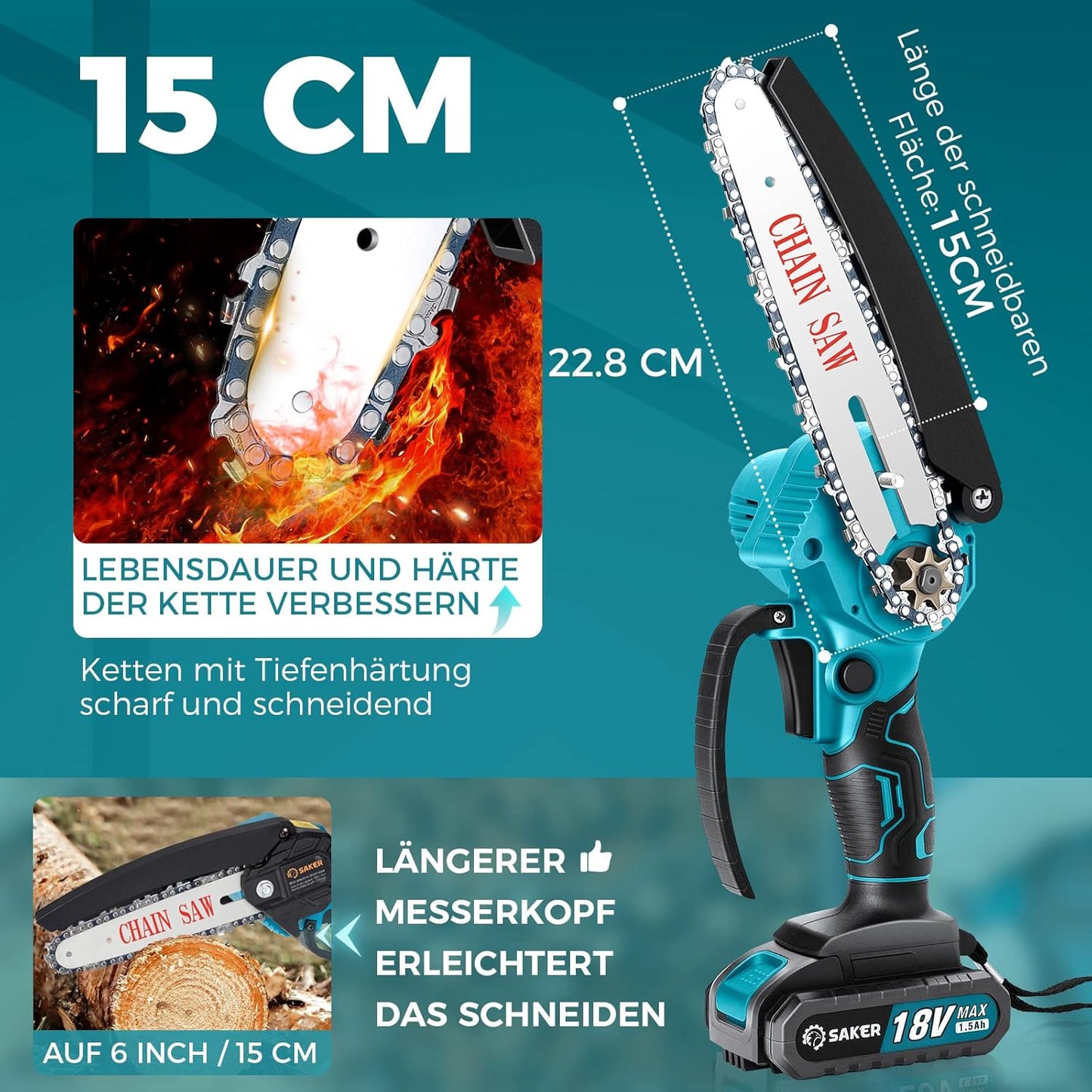 Saker Mini Kettensäge mit Akku 6 inch, kabellose elektrisch mit 2 Ketten und 2 Batterie, 15 cm mit Sicherheitstaste Einhand, Handkettensäge zum Schneiden von Äste und Garten