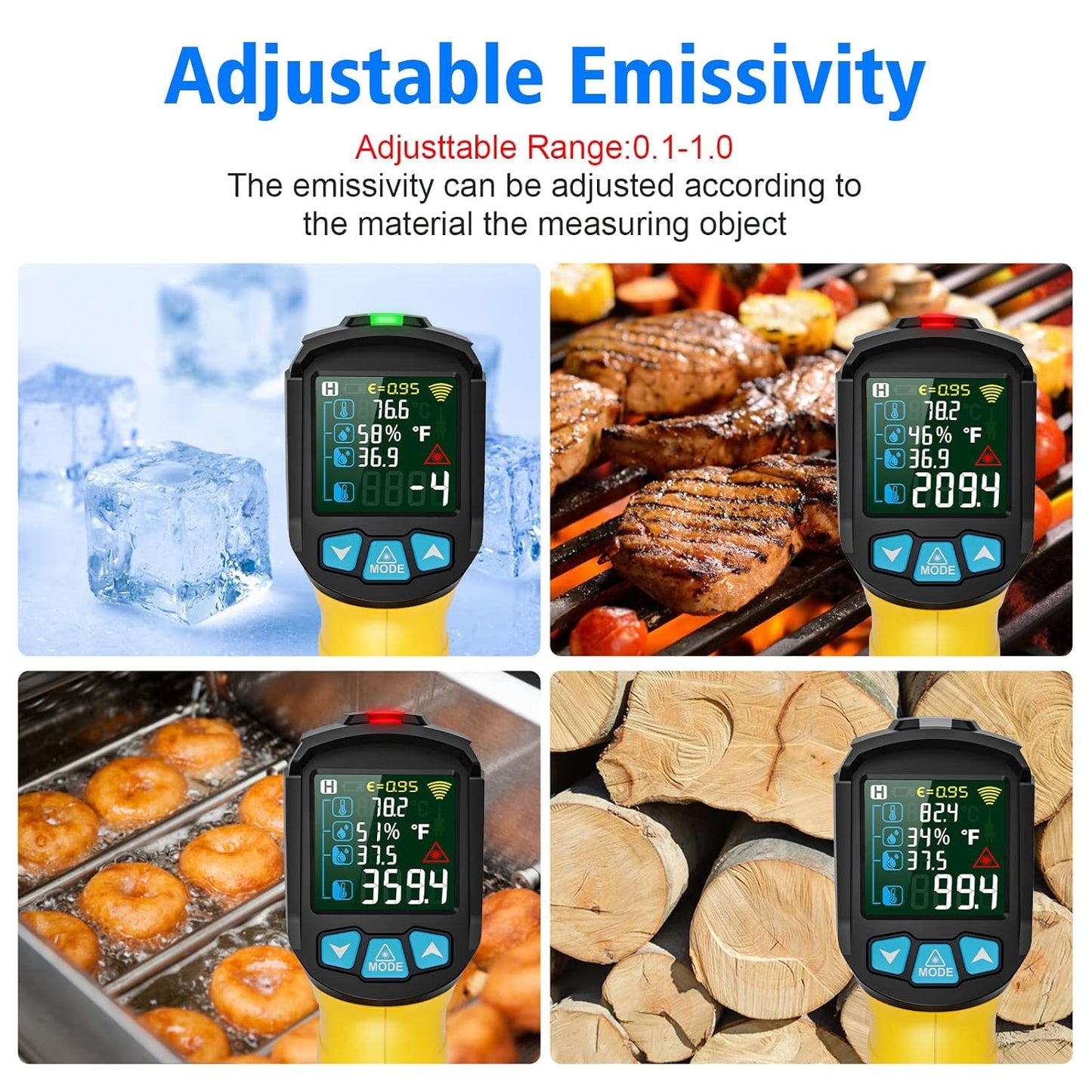 MESTEK Infrared Thermometer Temperature Gun with K Probe Non-Contact Laser Digital Thermometer -58℉~1472℉(-50℃~800℃) Color LCD Screen Adjustable Emissivity Humidity Cooking BBQ Oven Pizza Car Fridge