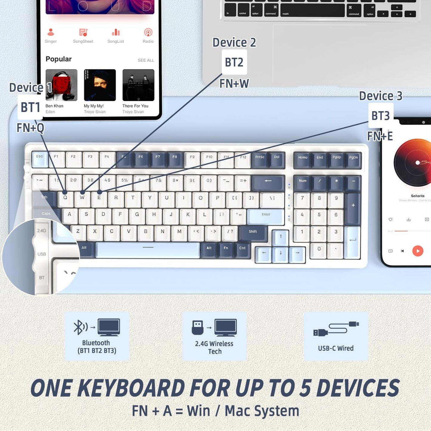FREEWOLF K8 Wireless Hot Swap Mechanical Gaming Keyboard, Wired RGB Rainbow Backlit Keyboard Red Switch, Bluetooth 5.0/2.4Ghz/USB- C Tri Mode with 4000mAH Battery, US Layout for Mac/Win - Blue/White