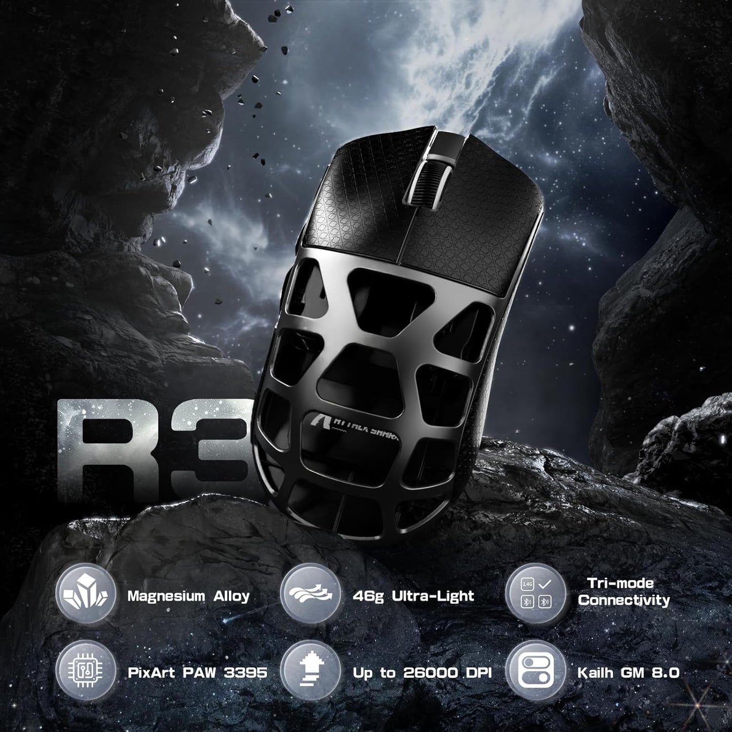 ATTACK SHARK R3PRO 46g Superlight Magnesium Alloy Mouse, 8000Hz Wireless Polling Rate, 26000 DPI, 2.4G/BT/Wired Gaming Mouse, PixArt PAW3395 Sensor G502, with Coiled Cable, PC/Mac, Grey