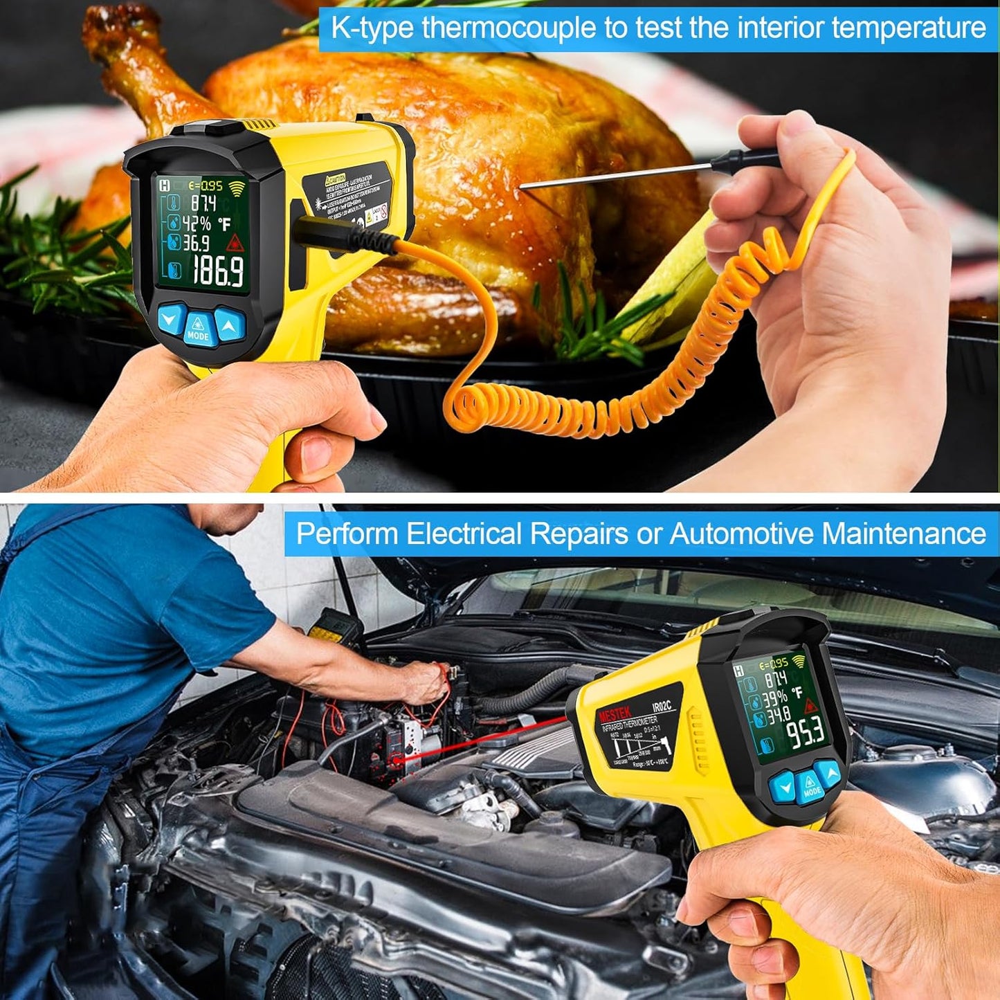MESTEK Infrared Thermometer Temperature Gun with K Probe Non-Contact Laser Digital Thermometer -58℉~1472℉(-50℃~800℃) Color LCD Screen Adjustable Emissivity Humidity Cooking BBQ Oven Pizza Car Fridge