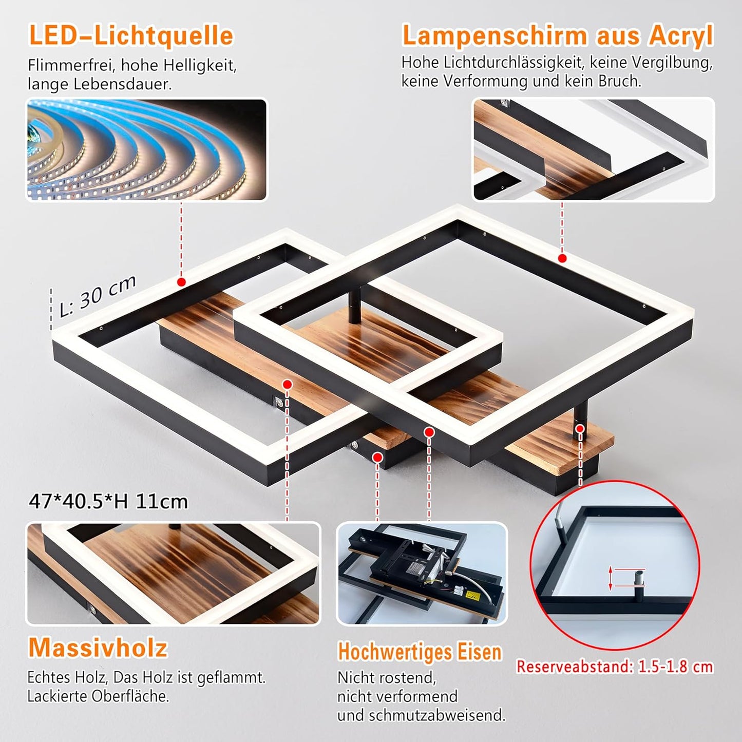 SEATAIN LED Ceiling Light Wood Dimmable Solid Wood Black Frame Vintage Ceiling Light with Remote Control 40 W 47 cm 4000 lm 3000-6000 K Bedroom Lamp Living Room Lamp Memory Function 4 W Night Light